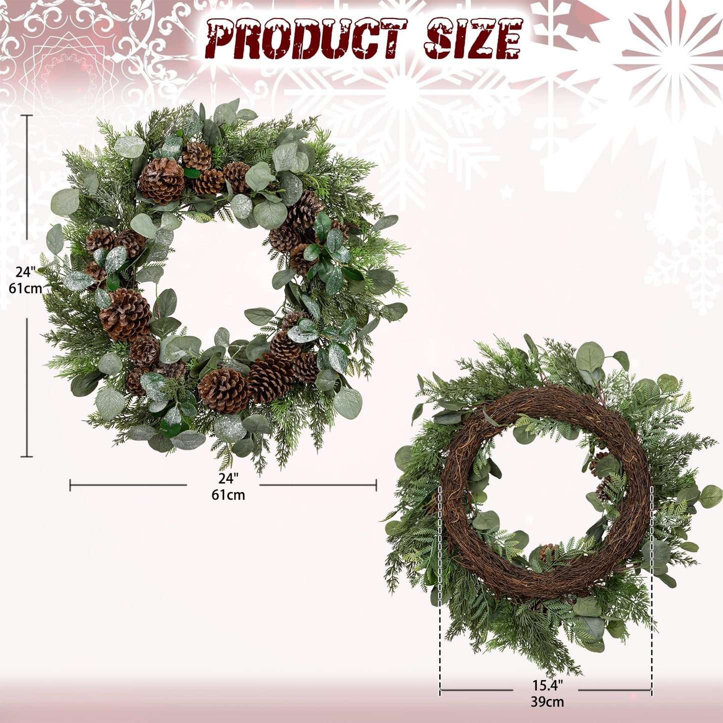 Briful Artificial Christmas Wreath 24 Inch Large Front Door Wreath with Glittering Eucalyptus Green Leaves Pine Branches Pine Cones for Home Room Mantle Wall Window Xmas Indoor Outdoor Decor