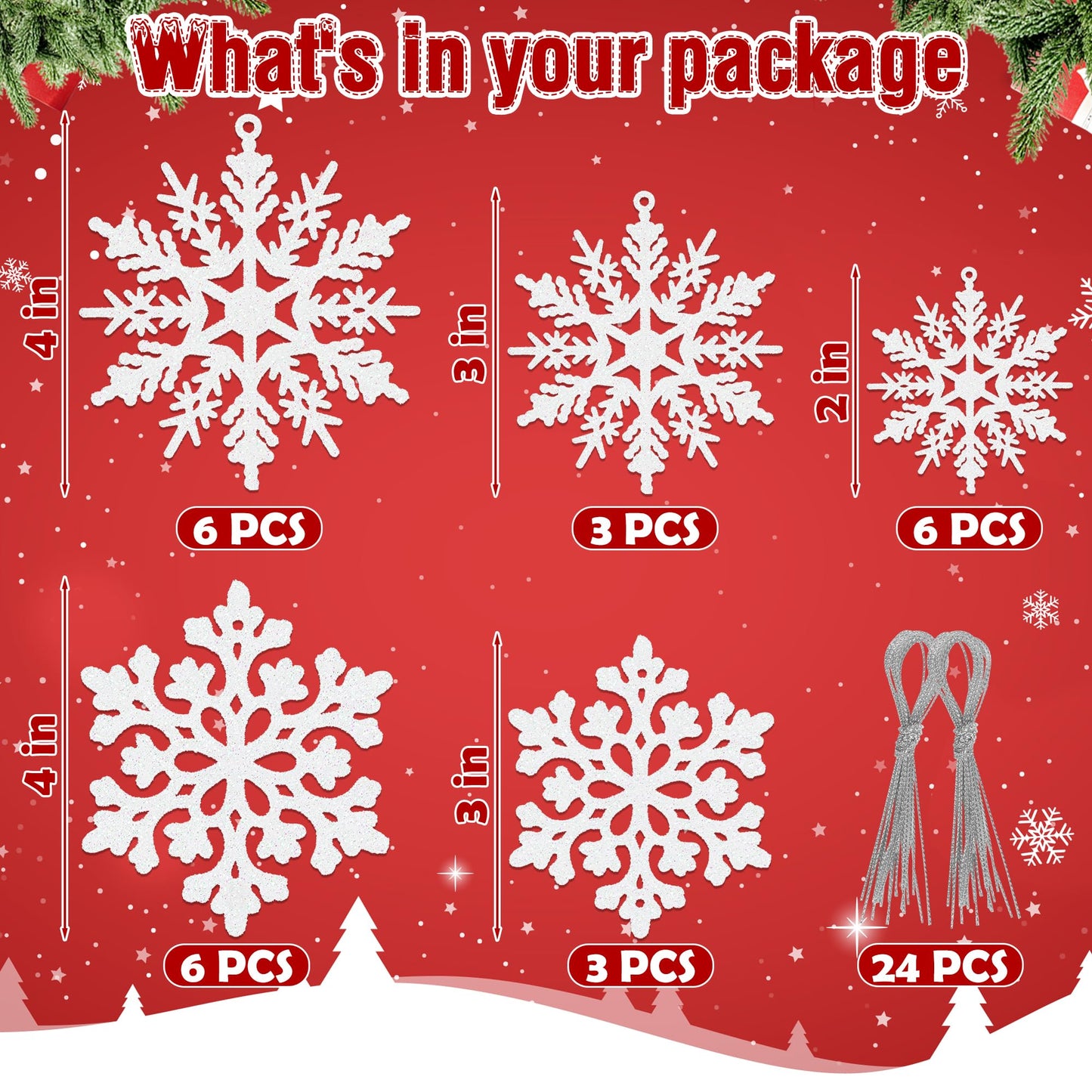 24PCS Snowflake Ornaments, Christmas White Snowflakes Tree Decorations, Plastic Glitter Snow Flakes Decorating Hanging, Xmas Tree Ornaments Indoor Ceiling Fireplace Winter Wonderland Decor