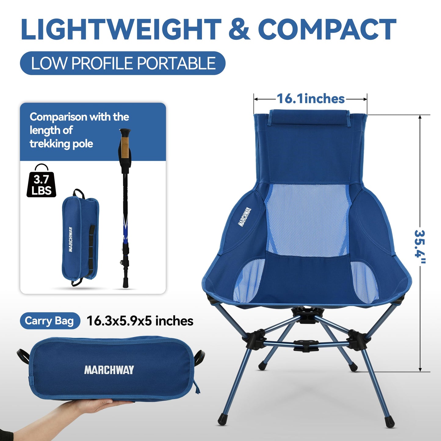 MARCHWAY Lightweight Folding High Back Camping Chair with Head Support, Stable Portable Compact for Outdoor Camp, Travel, Beach, Picnic, Festival, Hiking, Backpacking (Highback Dark Blue)