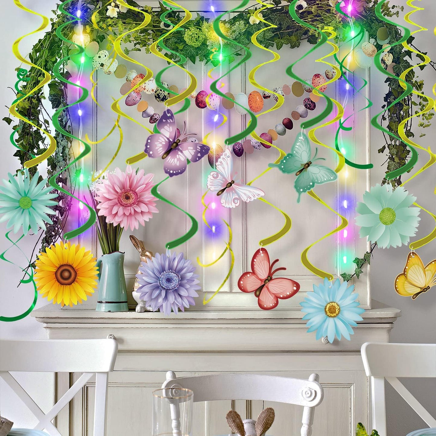 33pcs Spring Hanging Decorations for Home - Flower Butterfly Hanging Swirls with Led Lights for Spring Summer Easter Flower Butterfly Themed Birthday Party Decorations