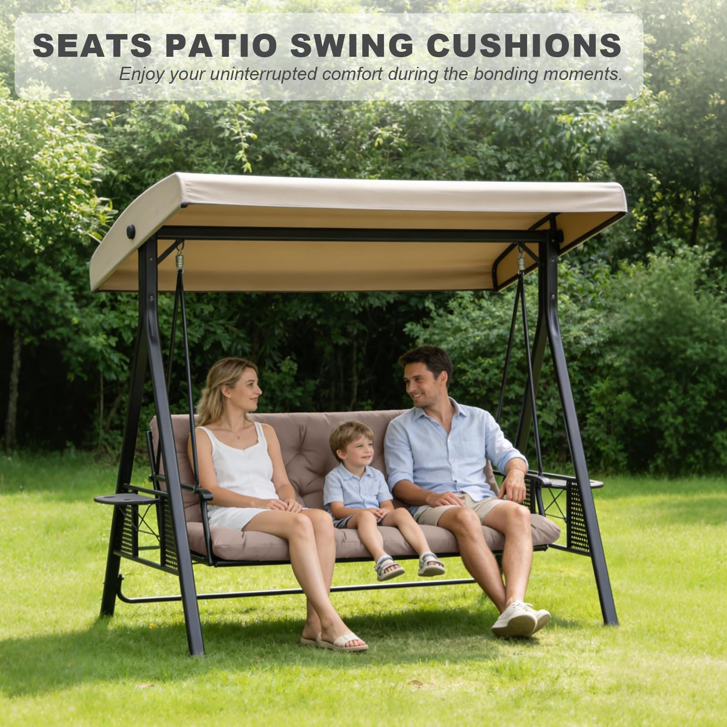 GPQAWER Outdoor Swing Cushions,Waterproof Swing Cushions 3 Seater Replacement with Backrest,Outdoor Thickened Bench Cushion with Ties for Porch,Patio,Backyard,Garden and Lawn (Khaki 60 * 40 in)