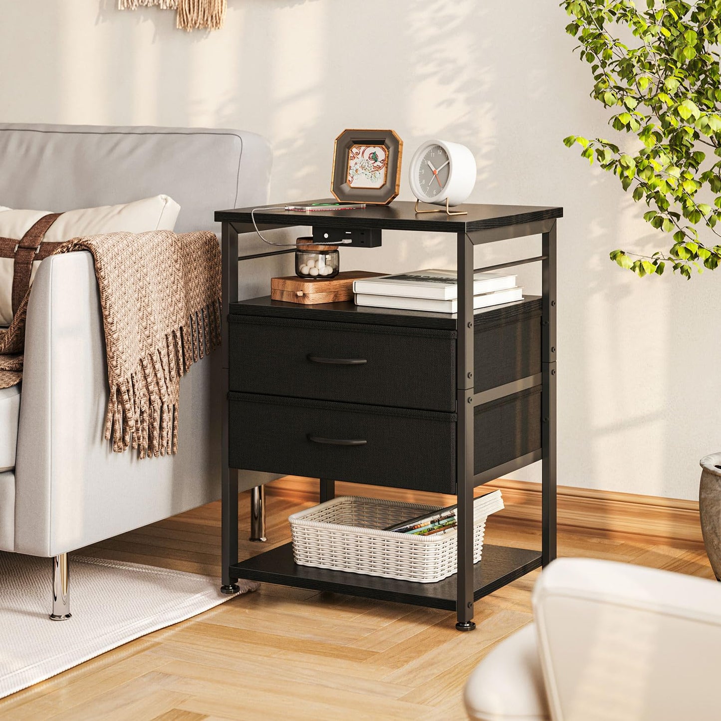 AODK Nightstand with Charging Station & LED Lights, 27.6" Tall Bedside Table with 4-Tier Storage, 2 Fabric Drawers & 2 Open Shelves, Space-Saving End Table for Bedroom, Black