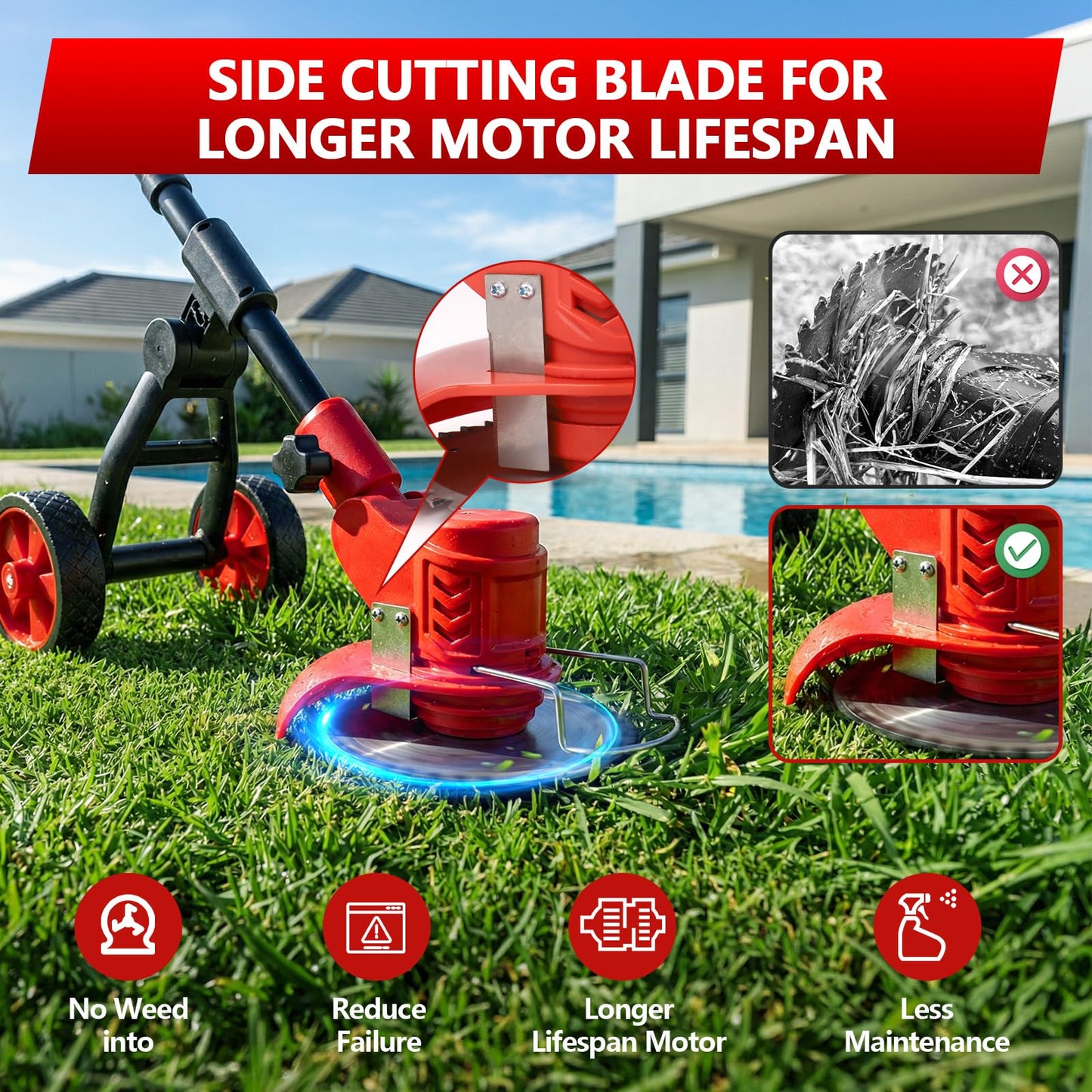 Electric Weed Wacker Cordless, 4000mAh Weed Eater Battery Powered with Wheel, 4 in 1 Grass Trimmer/Heavy Duty Brush Cutter/Lawn Edger/Weed Trimmer, No String Trimmer with Blade, 2 Battery Garden Tool