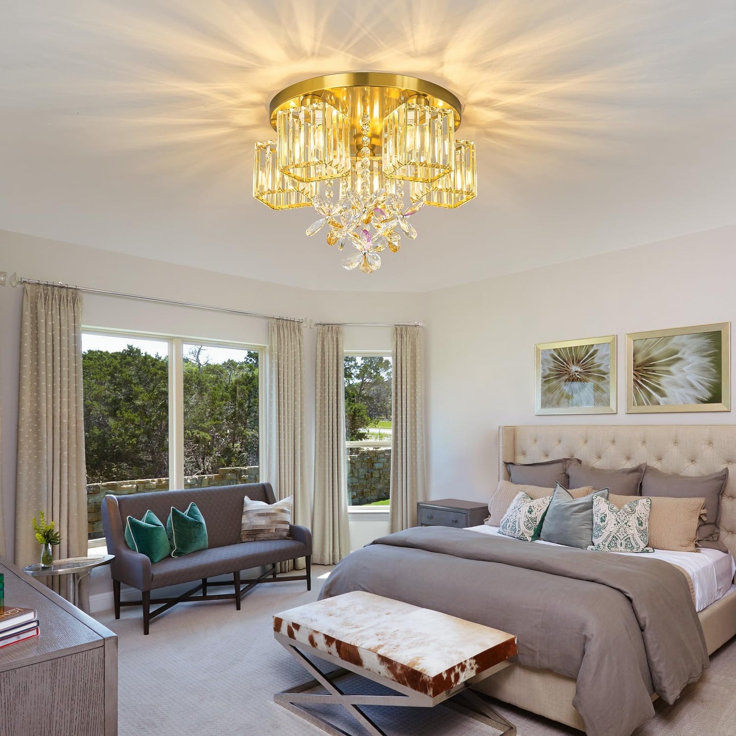 zhllmq 5 Light Gold Crystal Ceiling Light Flush Mount Ceiling Light Crystal Close to Ceiling Light Fixtures for Living Room Bedroom Kitchen Hallway