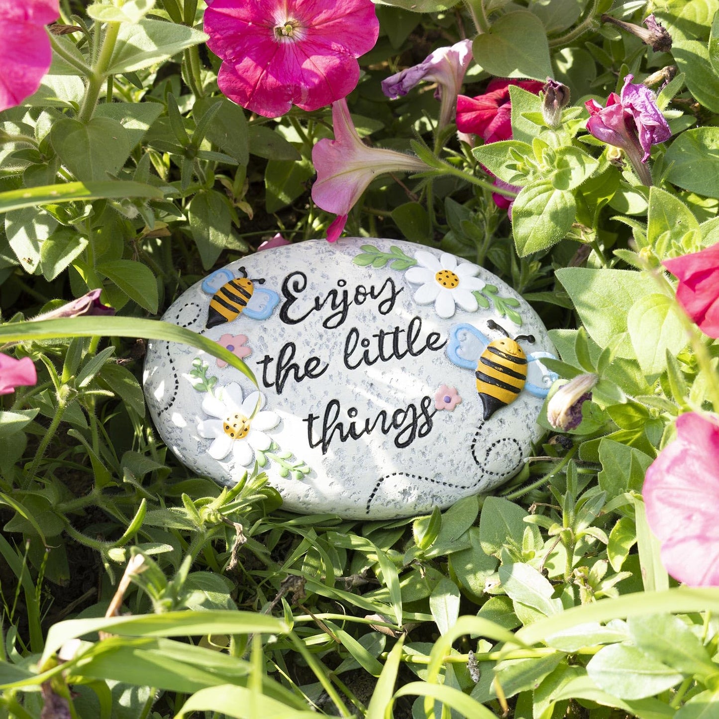 Bechivie Spring Decorative Garden Stones Outdoor, 6x4.1In Enjoy The Little Things Bee Stone with White Flower, Concrete Stepping Stones for Walkway Pathway Yard Outside