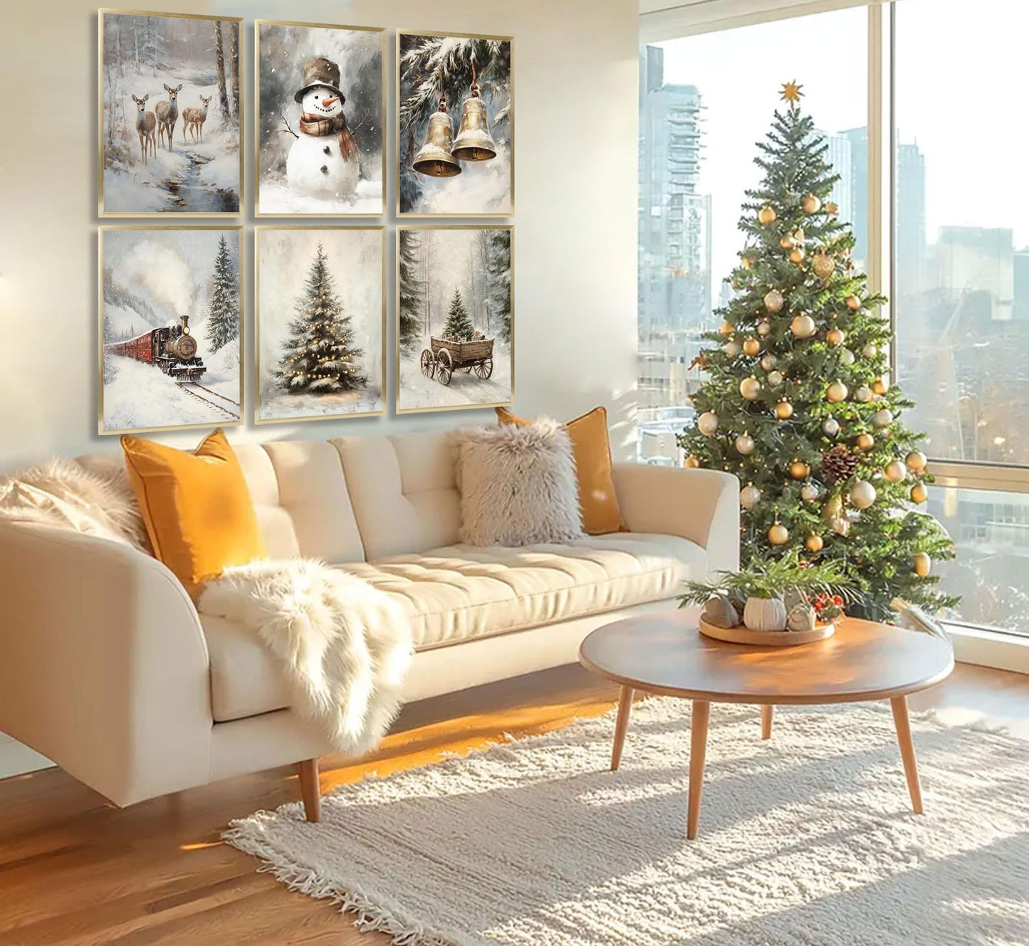 6pcs Retro Christmas Canvas Wall Art Tree Snowman Elk Christmas Posters Prints Paintings Winter Landscape Festive Elements Wall Decor Pictures for Living Room And Bedroom Furniture Decoration Unframed