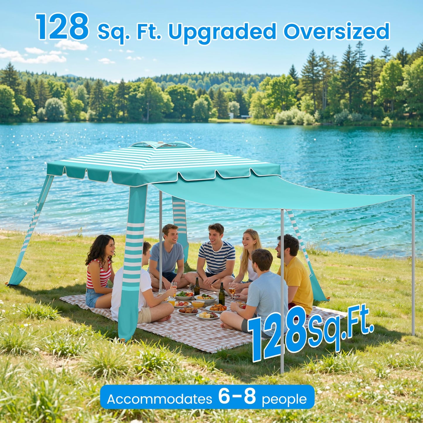 MoKo Beach Cabana,120 Sq. Ft. Large Beach Canopy Tent Sun Shade, UPF 50+ Protection Easy Setup Beach Tent, Adjustable Height Wind Resistant Cabana Sun Shelter for Whole Family, Light Green Stripes