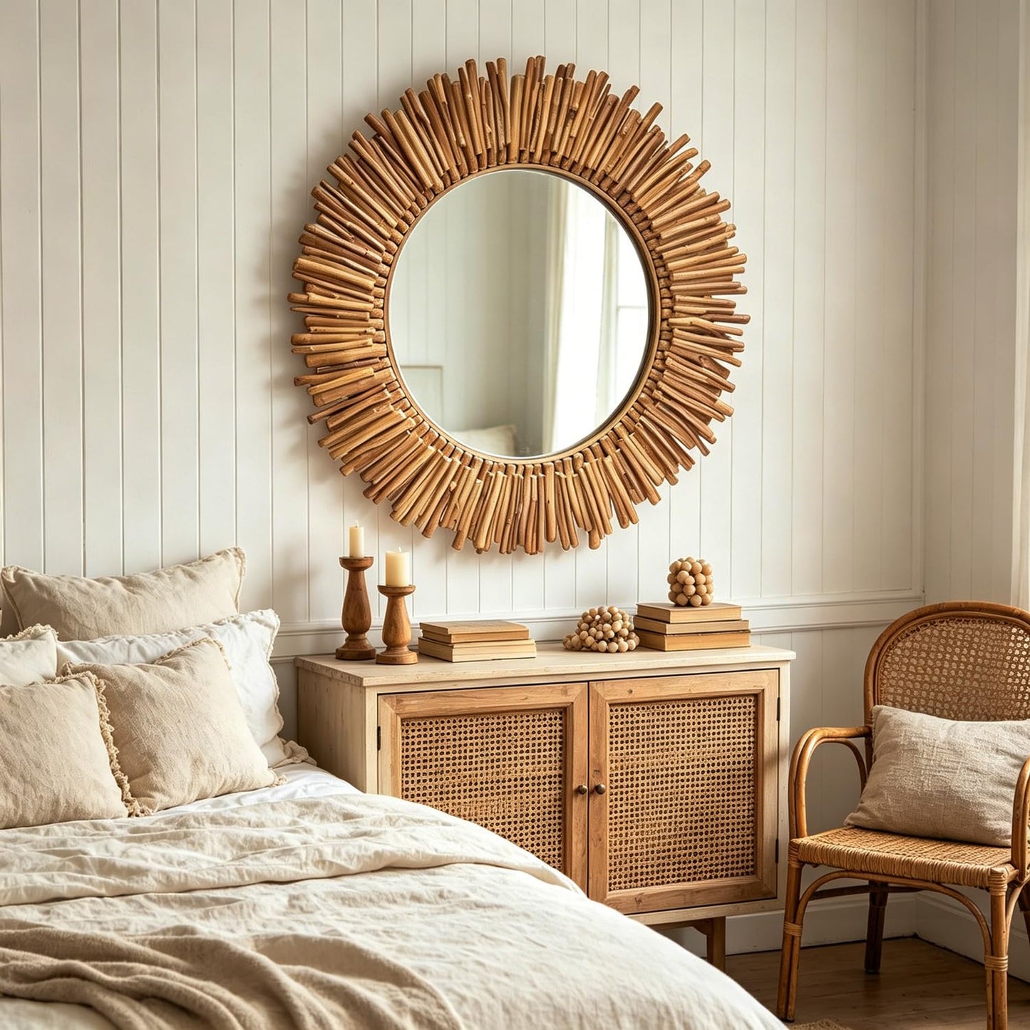 24 Inch Round Wall Mirror, Bohemian Sunburst Wall Mirror with Natural Wooden Stick Frame, Rustic Farmhouse Circle Decor Mirror for Bathroom, Bedroom, Living Room, Entryway Wall Art Decorative