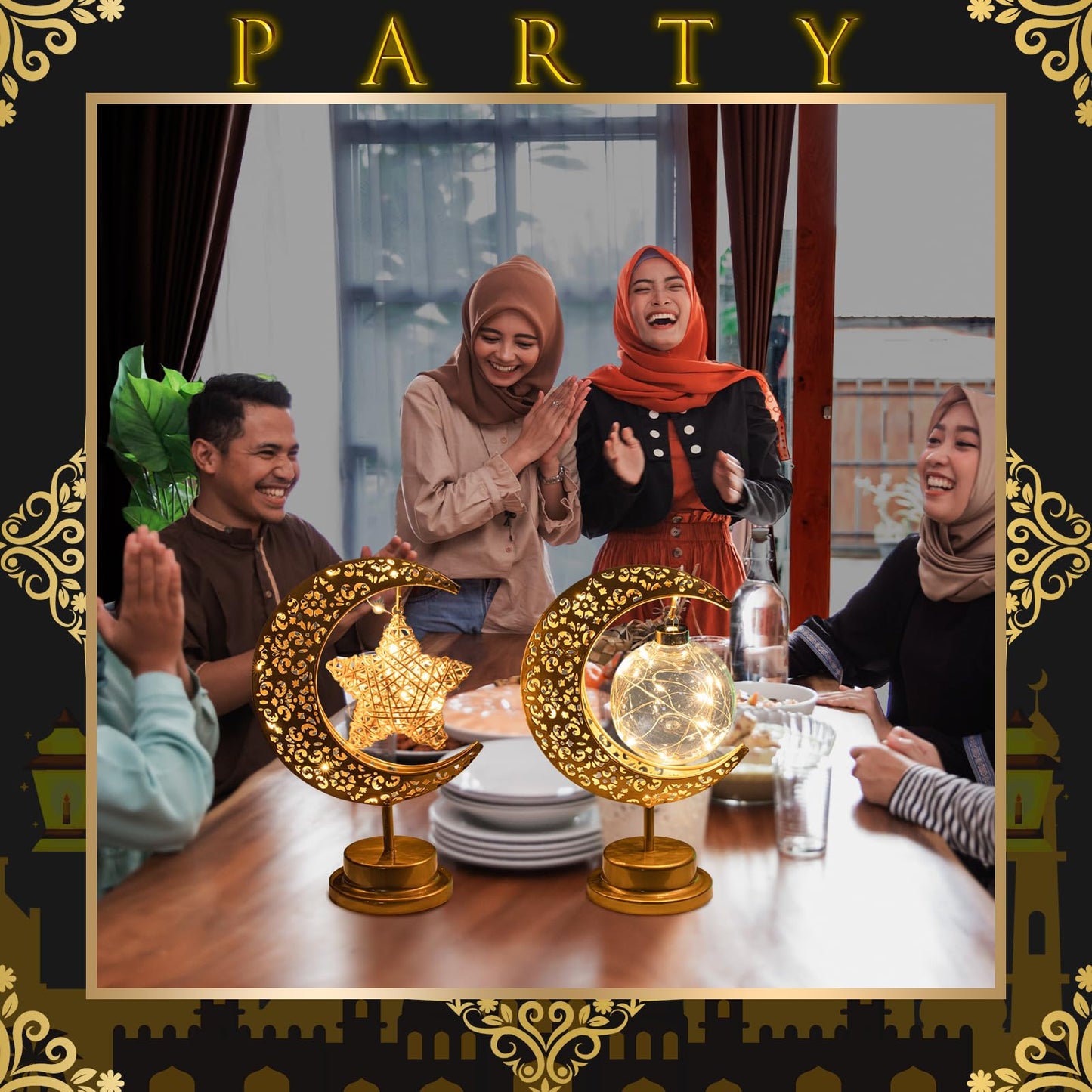 Tujoe 3 Pcs Ramadan Decorations for Home Rustic Moon Lamp Ramadan Star Moon Metal Lights Battery Operated LED Crescent Light Eid Decorations for Home Bedroom Table Ramadan Eid Mubarak Party Decor