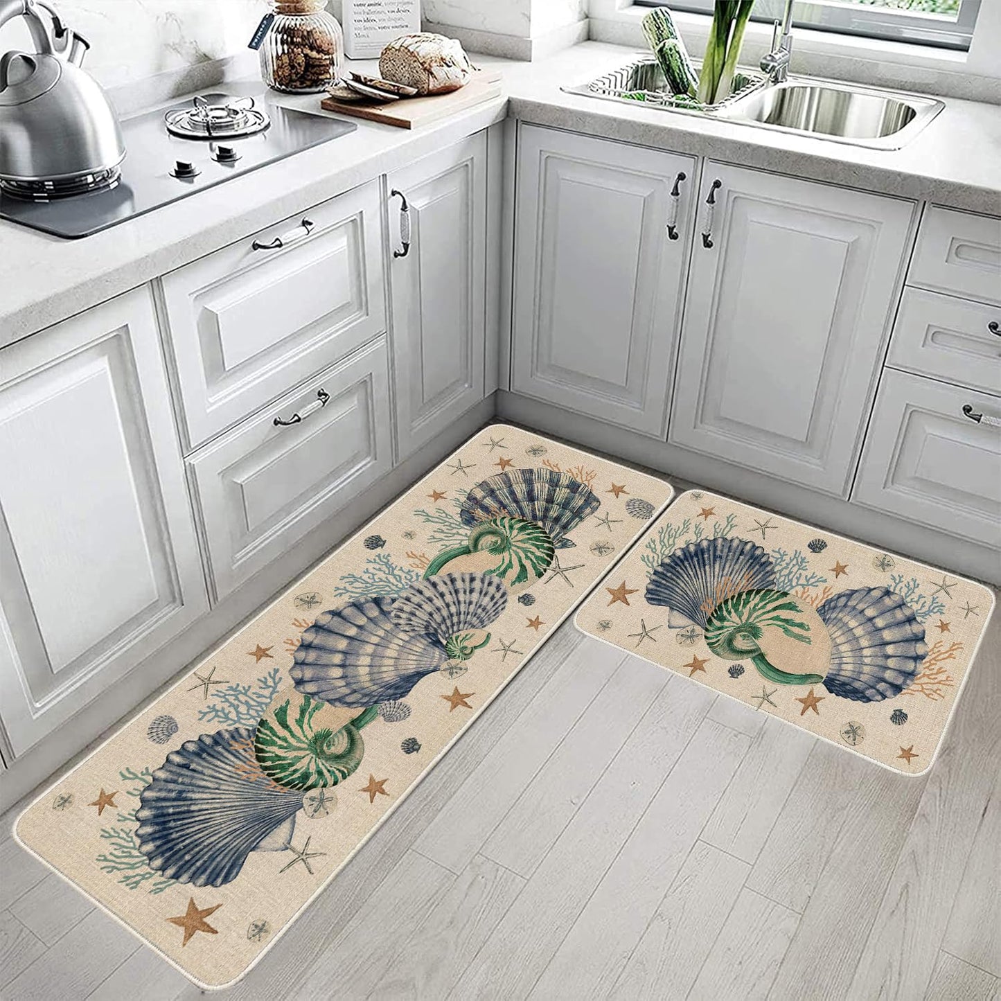 Faptoena Shells Coral Whelks Starfish Kitchen Rugs Set of 2,Ocean Theme Kitchen Mats for Floor,Summer Beach Sink Mats Home Decor Doormat+Runner Rug