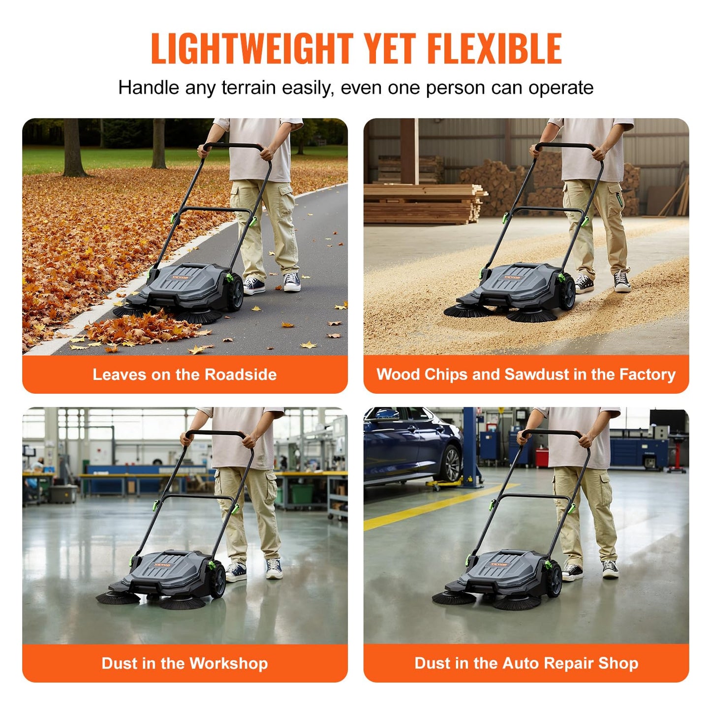 VEVOR Walk-Behind Hand Push Floor Sweeper, 25.6" Sweeping Width Floor Sweeper Manual Non-Electric, 5-Gallon Waste Container, Angle & Height Adjustable Folding Handle for Walkway, Yard, Garage, Patio