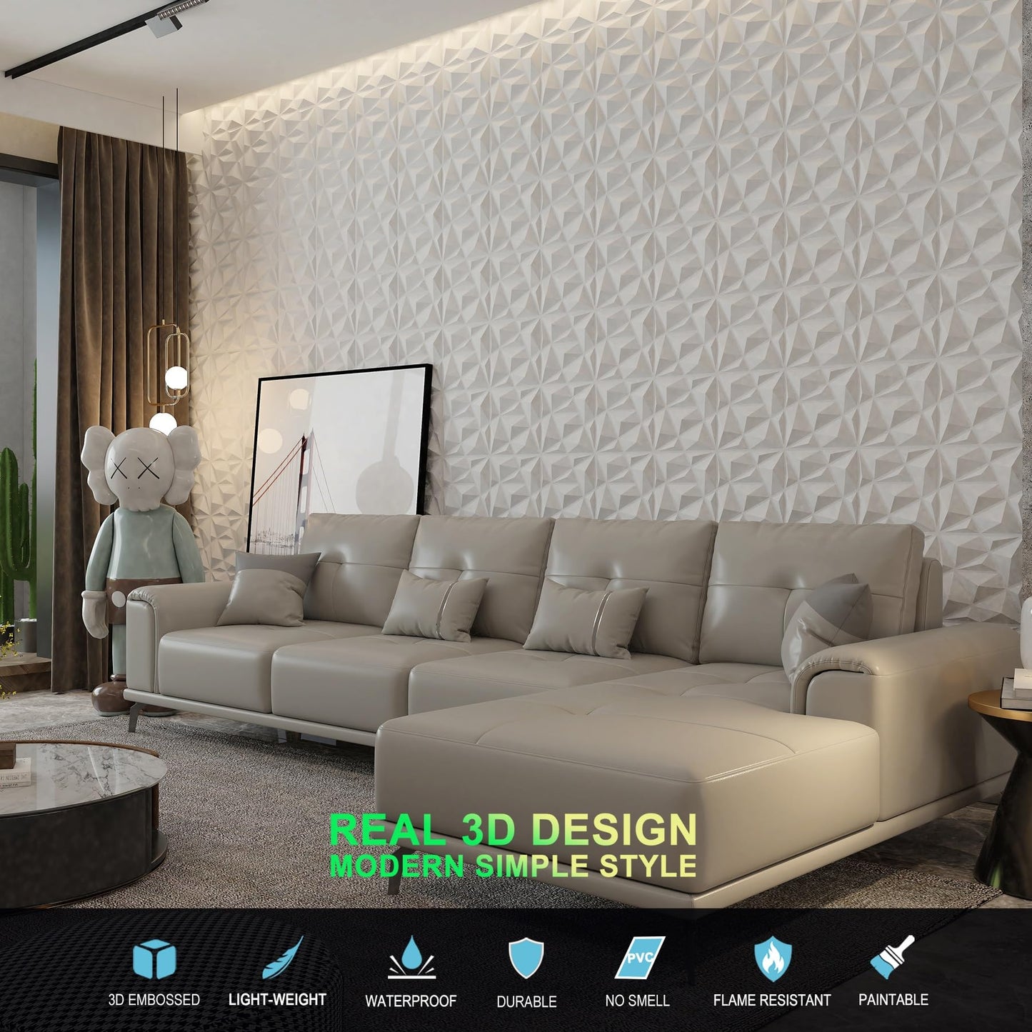 MIX3D 33 Pack 3D Wall Panels, Modern Diamond Textured Design for Interior Wall Decor in Living Room Bedroom Game Room Office Hotel, White, 12'' x 12'' Cover 32 Sq. Ft