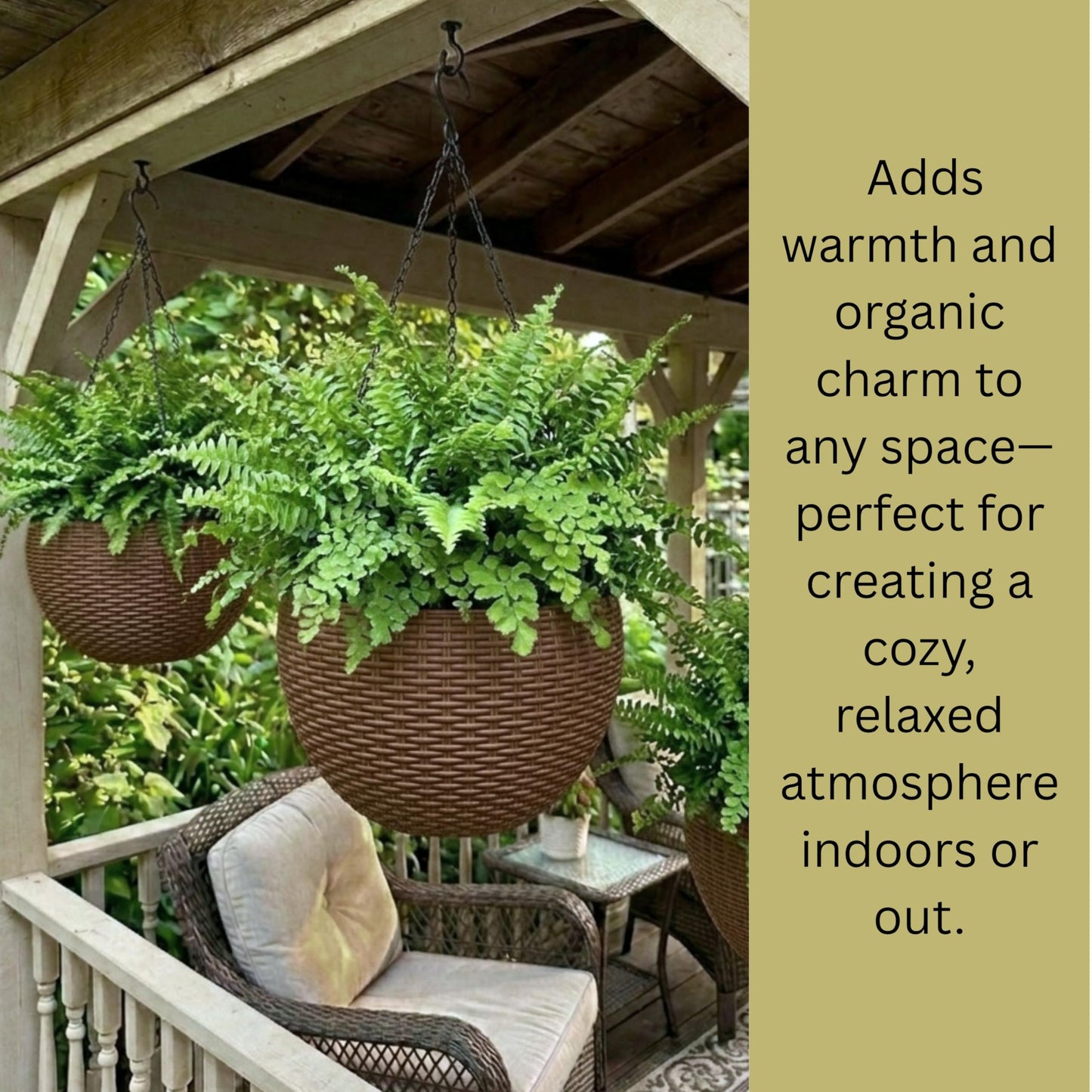 LaLaGreen Hanging Planters for Indoor Plants (11 Inch, 4 Pack) Brown Rattan Style Self-Watering Flower Pots with Water Level Indicator, Round Plastic Baskets with Metal Chain for Balcony, Porch Garden