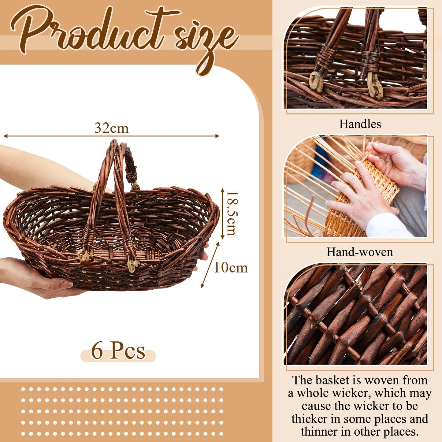 Sintuff 6 Pcs Wicker Picnic Basket with Handle Garden Harvest Empty Easter Eggs and Candy Basket Oval Willow Woven Storage for Organizing, Fruit Egg Storage Gathering Wedding Gifts (Dark Brown)