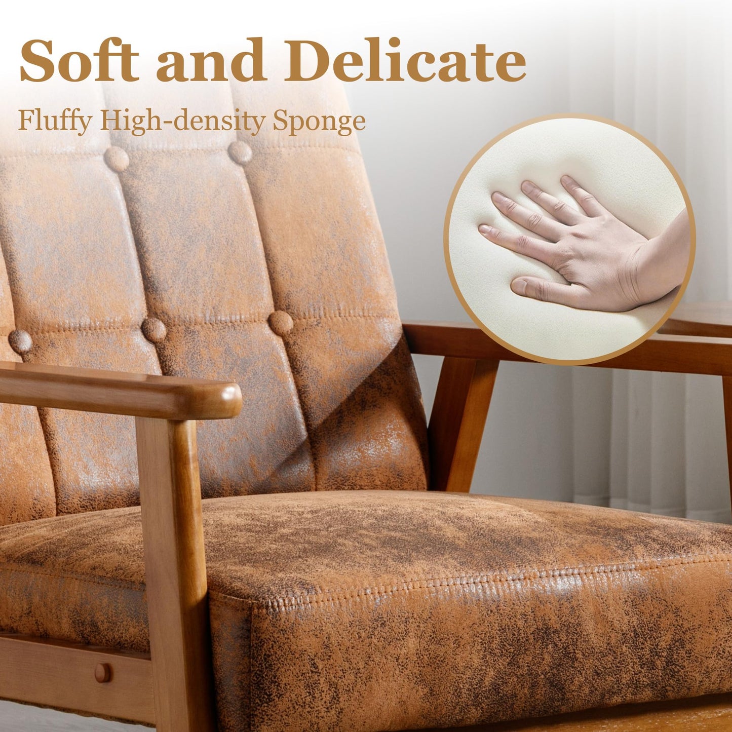 Kayflora Modern Accent Chair, Mid-Century Linen Armchair with Solid Wood Armrests, Button-Tufted Comfortable Cushioned Reading Chairs for Living Room, Bedroom (Coffee