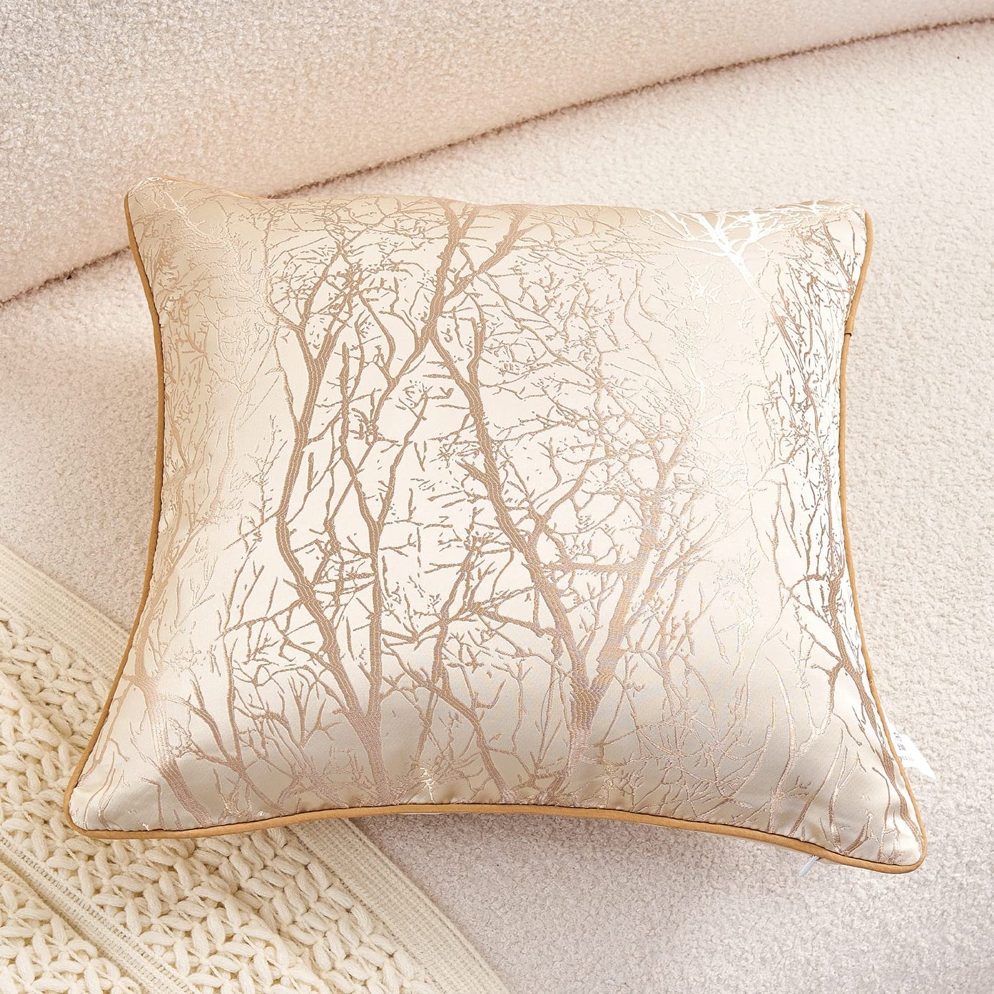 Avigers 20 x 20 Inch Square Beige Brown Gold Tree Branch Embroidery Cushion Case Luxury Modern Throw Pillow Cover Decorative Pillow for Couch Living Room Bedroom Car