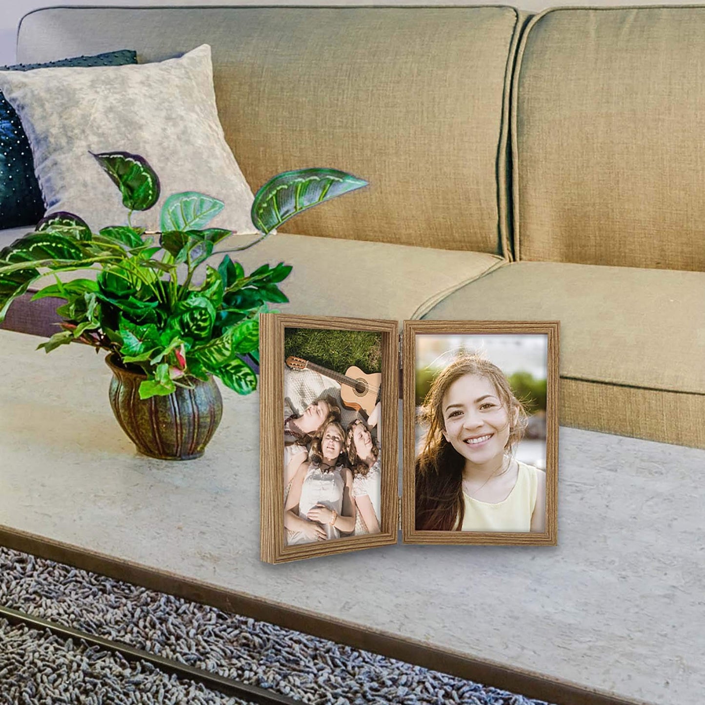 4x6 Picture Frames Double Hinged MDF Wood Grain with Glass Front Stand Vertical on Tabletop