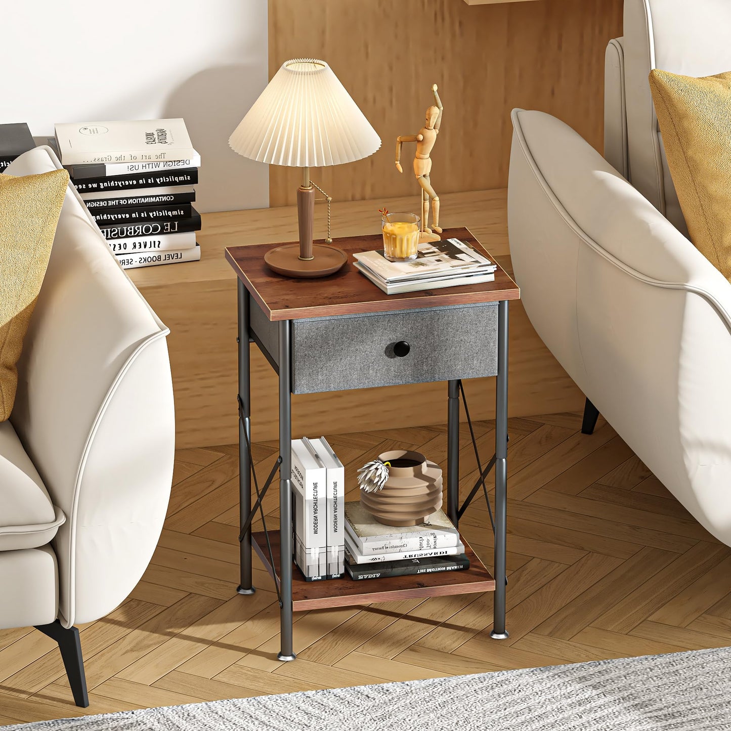 VECELO End Tables, Modern Nightstand with Fabric Drawer & Open Shelf, Night Stand for Bedroom Living Room, Industrial Metal Frame, Easy Assembly, Rustic Brown,1 Pack