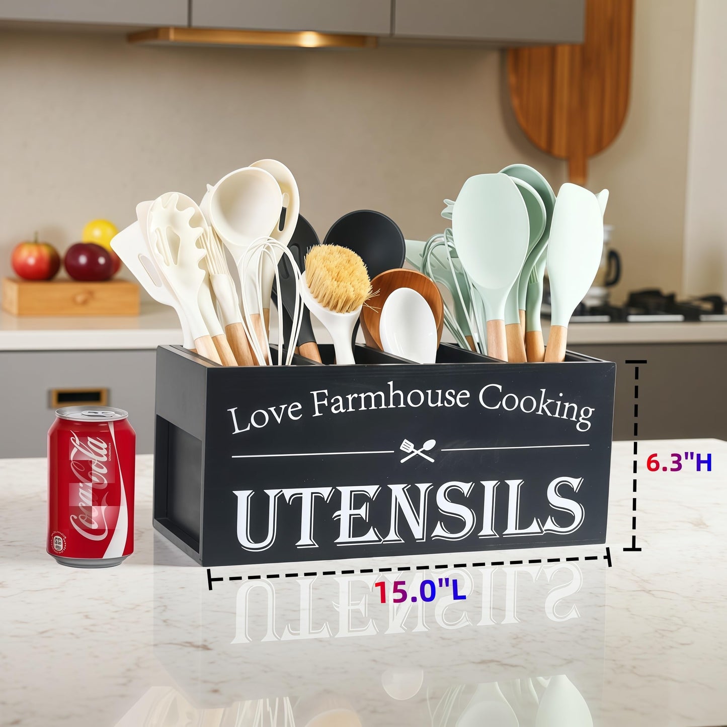 LIBODOUR Utensil Holder,Kitchen Utensil Holder For Kitchen Counter,Extra Large Cooking Spatula Organizer,Farmhouse Wooden Big Storage With 4 Compartments Rustic Flatware Spoon Tool Organizer （Black）