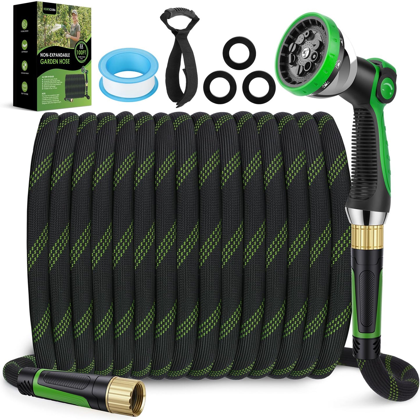 HORTICORA Non-Expanding Garden Hose 100 ft, Lightweight Hose & Flexible Water Hose With 10-Pattern Spray Nozzle, Kink-Free Design, Durable Leakproof Yard Outdoor Hose, Portable Storage Strap, 100 Feet
