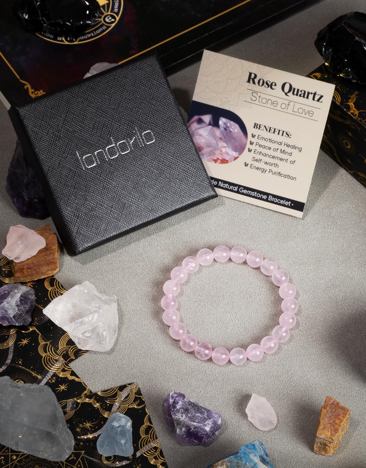 Landorilo Beaded Bracelet for Men Women, 8mm Natural Stone Rose Quartz Healing Crystal Stretch Bracelets, Ideal Christmas Birthday Jewelry Gifts with Energy Card，Replacement Beads Included