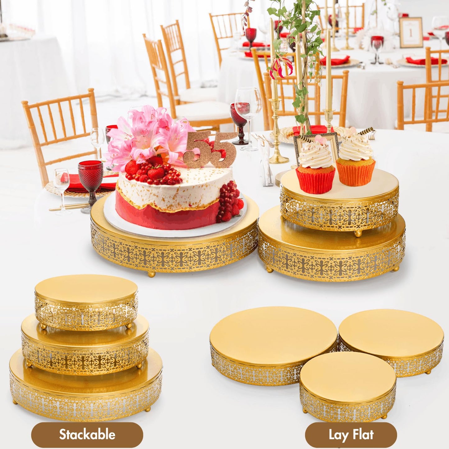 Youeon Gold Round Cake Stand Set of 3, 12/10/8 Inch Metal Hollow Cake Pedestals with Low Feet, Dessert Display Stands for Wedding, Birthday, Party, Anniversary & Holiday Entertaining