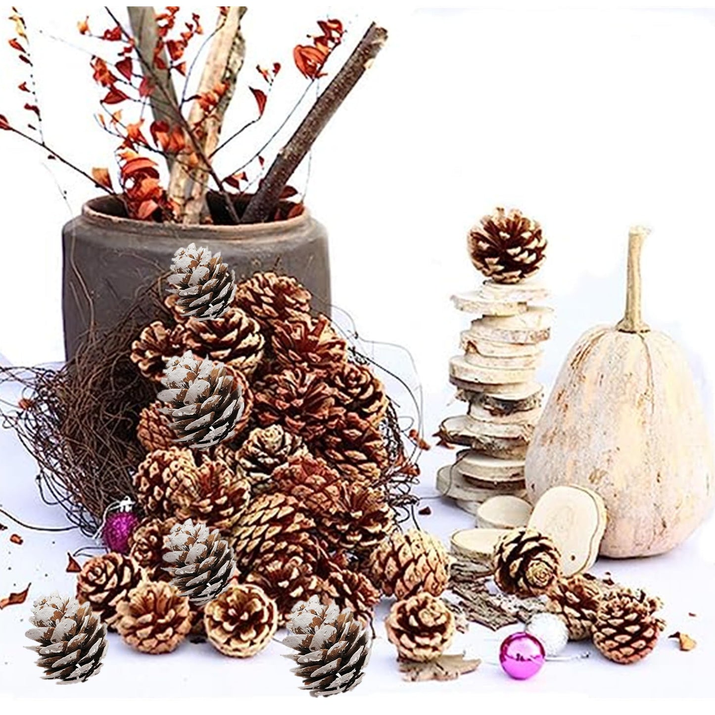 180 PCS Rustic Mini Pine Cones, White Christmas Snow Pinecones Ornaments,Wood Frosted Pine Cone Ornaments for Thangksgiving, Christmas, Autumn, Home, Party,Decorations,DIY Crafts and Gifts