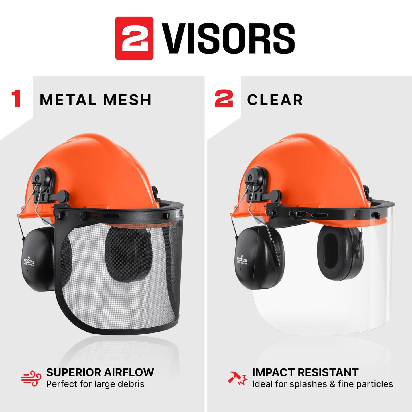 NoCry 6-in-1 Industrial Chainsaw Helmet with Face Shield and Ear Muffs — Mesh & Clear Plastic Visors Included — ANSI Z89.1 Certified — Adjustable Headgear — Ideal for Forestry and Arborist Work