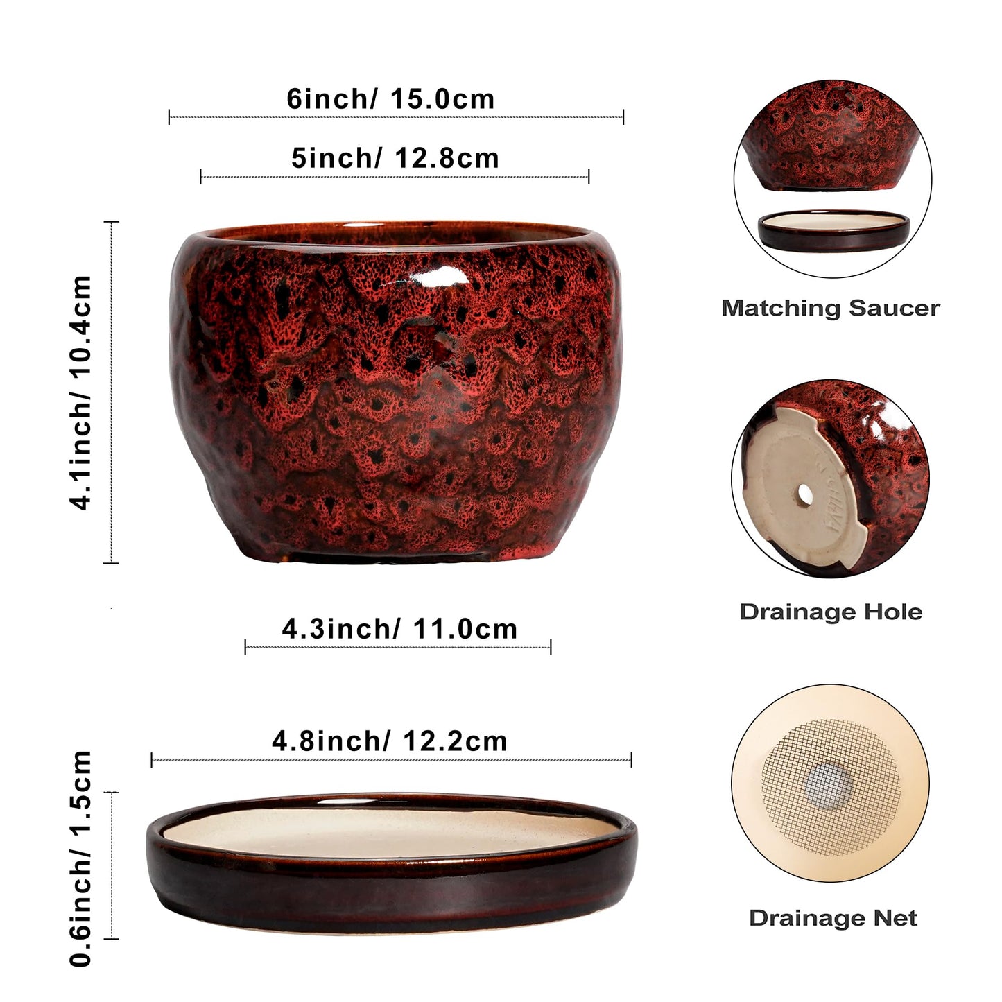 SQOWL Ceramic Pot for Plants - 6 Inch Plant Pot Indoor with Drainage Hole and Saucer, Decorative Flower Pot Outdoor, Round Succulent Planter, Front Porch Decor, House Warming Gifts New Home, Red