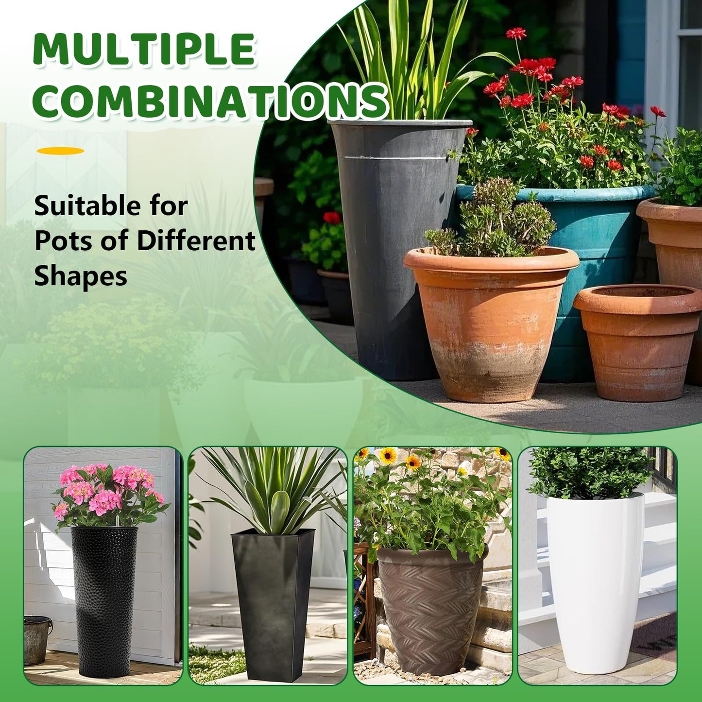 2 Pack Plant Riser Inserts for Large Pots, 8 in/10 in Interchangeable Sturdy Planter Inserts & 11 - 17 in Adjustable Height Lifters Planter Filler for Indoor & Outdoor Various Shapes Pots（Green）