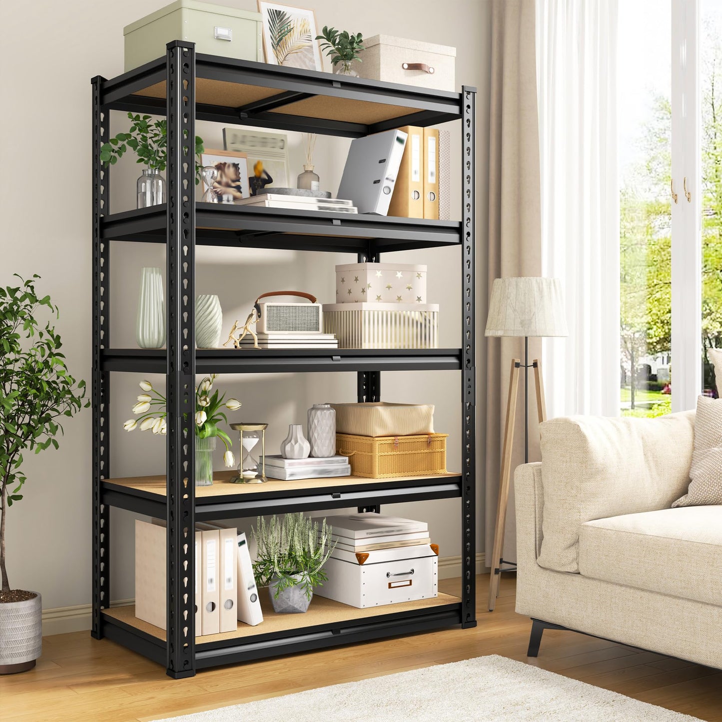 5 Tier Storage Shelves 2020LBS Garage Shelving,Adjustable Heavy Duty Metal Shelving Unit Utility Rack for Garage,Kitchen Pantry Shelf for Warehouse,Closet,Commercial,28" W x 12" D x 59.8" H,Black