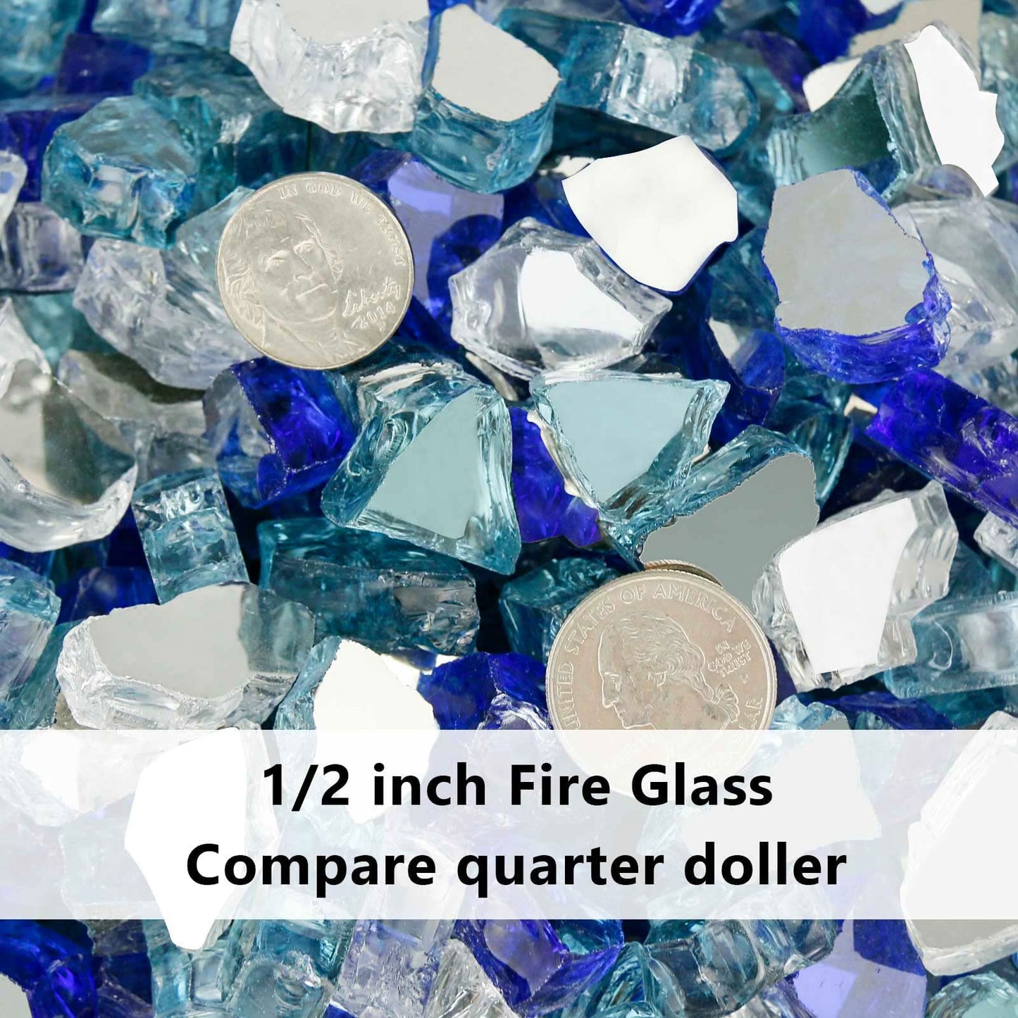 Grisun 10 Pound Fire Glass for Fire Pit - 1/2 inch Reflective Fire Glass Rocks, Decorative for Fireplace and Fire Table, Blend of Cobalt Blue, Caribbean Blue and Platinum