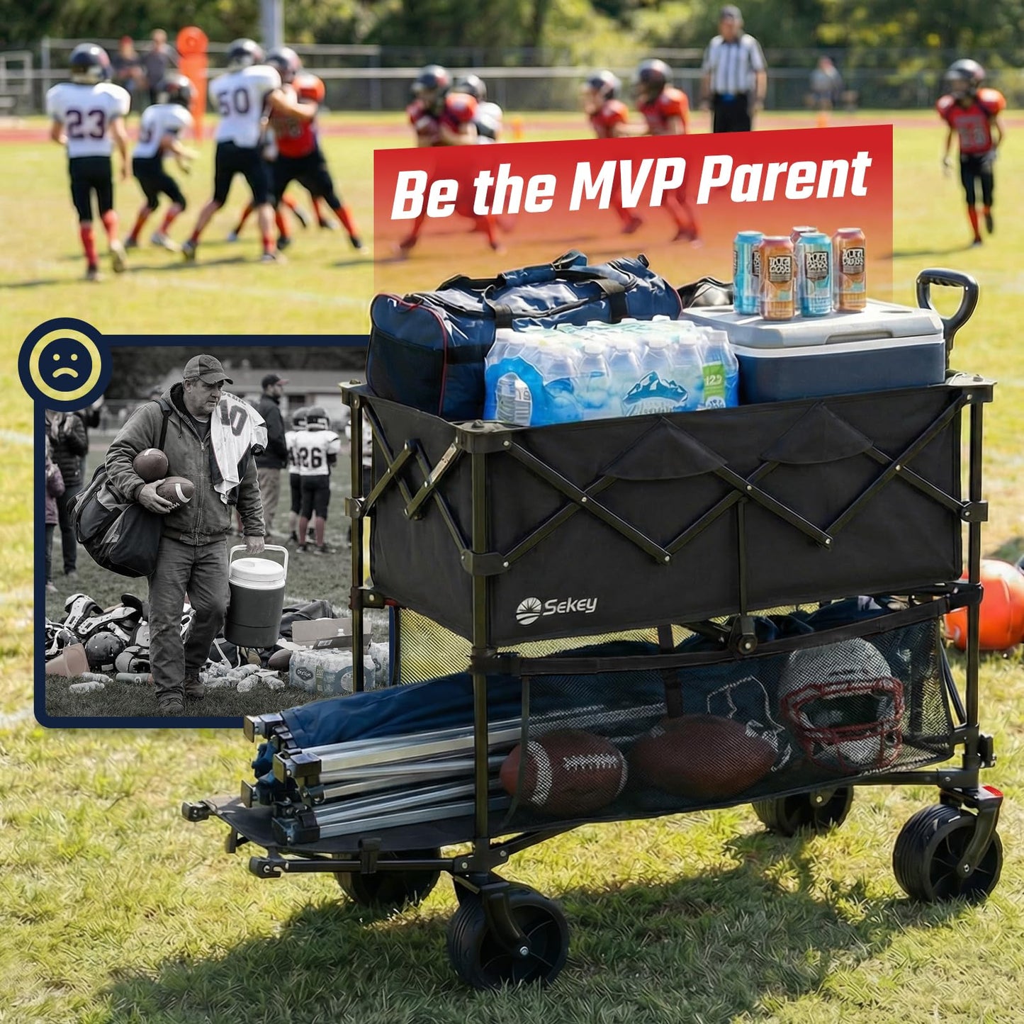 Sekey 500LBS Heavy Duty Double Decker Wagon with Extender, 400L Large Capacity Collapsible Garden Cart Fits 10x10 Canopy, All-Terrain Big Wheels with Brakes, Foldable Utility Wagon for Sports, Camping