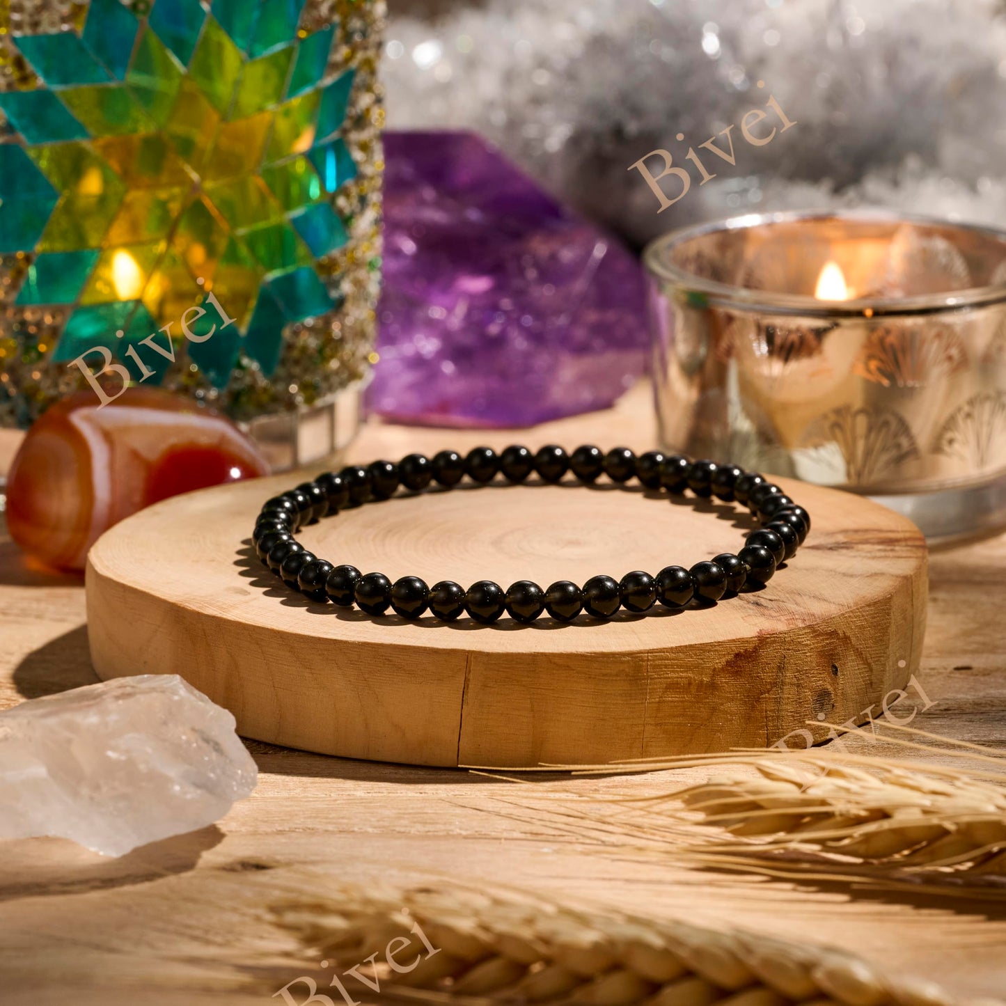 Bivei Obsidian - Protective - 4mm Beaded Bracelets for Women Handmade Semi Precious Natural Stone Stretch Elastic Jewelry Yoga Protection Gifts Small