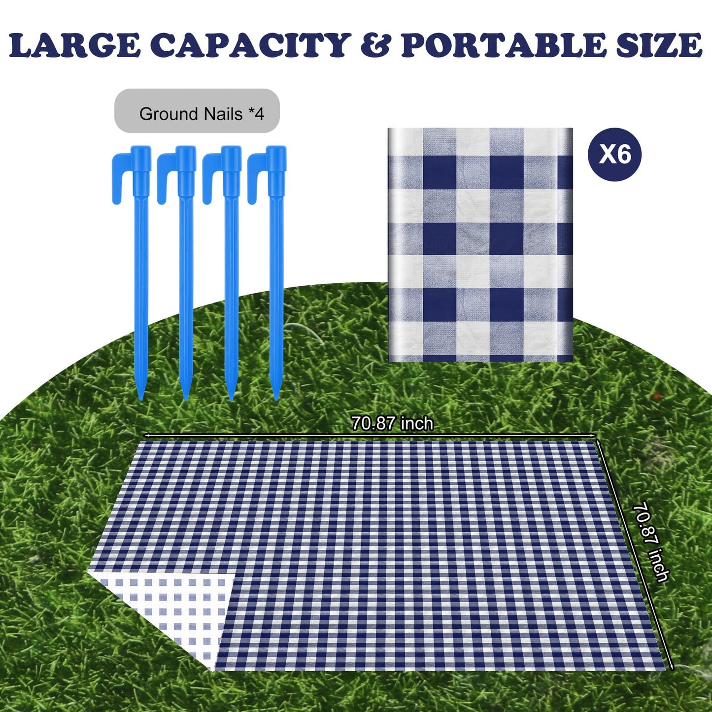 HunnmingRe 6 Pcs Disposable Outdoor Picnic Blankets 71''x71'' Thicken Foldable Waterproof Picnic Mats Gingham Oil Proof Camping Blankets with 4 Ground Spikes Beach Travel Hiking (Navy Blue and White)