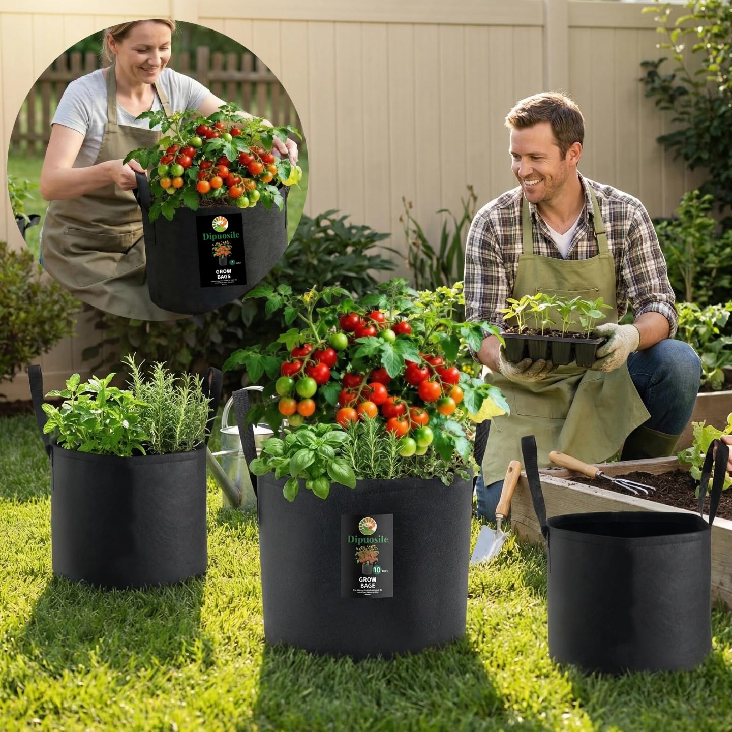 Dipuosile 6-Pack 10 Gallon Grow Bags Extra-Long Handles, Heavy Duty 300G Thickened Nonwoven, Fabric Growing Bags for Tomato, Potato,Vegetables, and Flowers