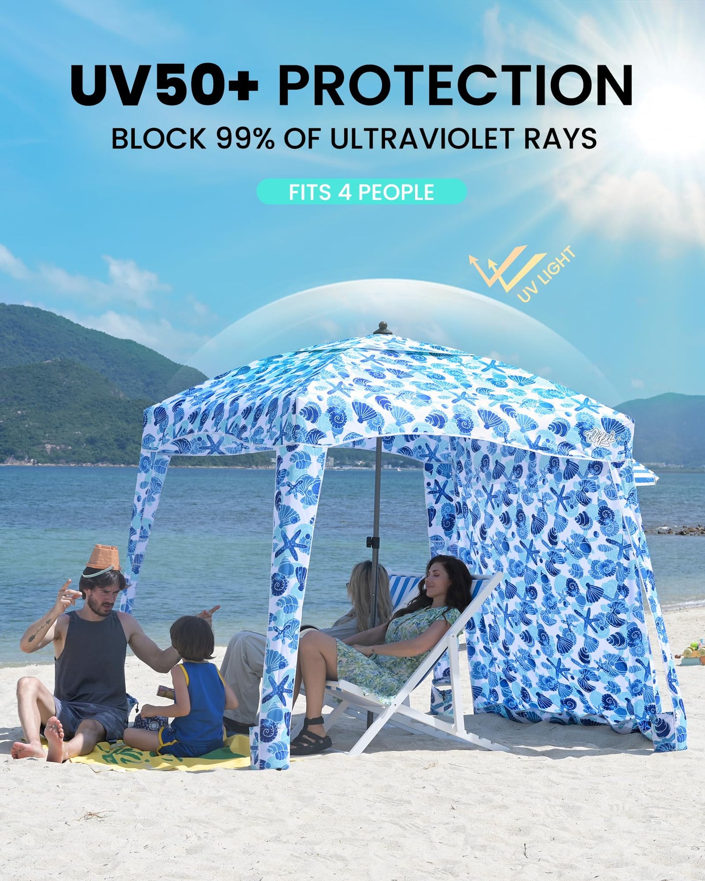 Qipi Beach Cabanas for Sand, Beach Canopy with Sandbags & Side Wall for Family, Easy Set Up Sun Shelter, UPF 50+ UV Protection with Roof Vent 6' x 6' A-Sea Life