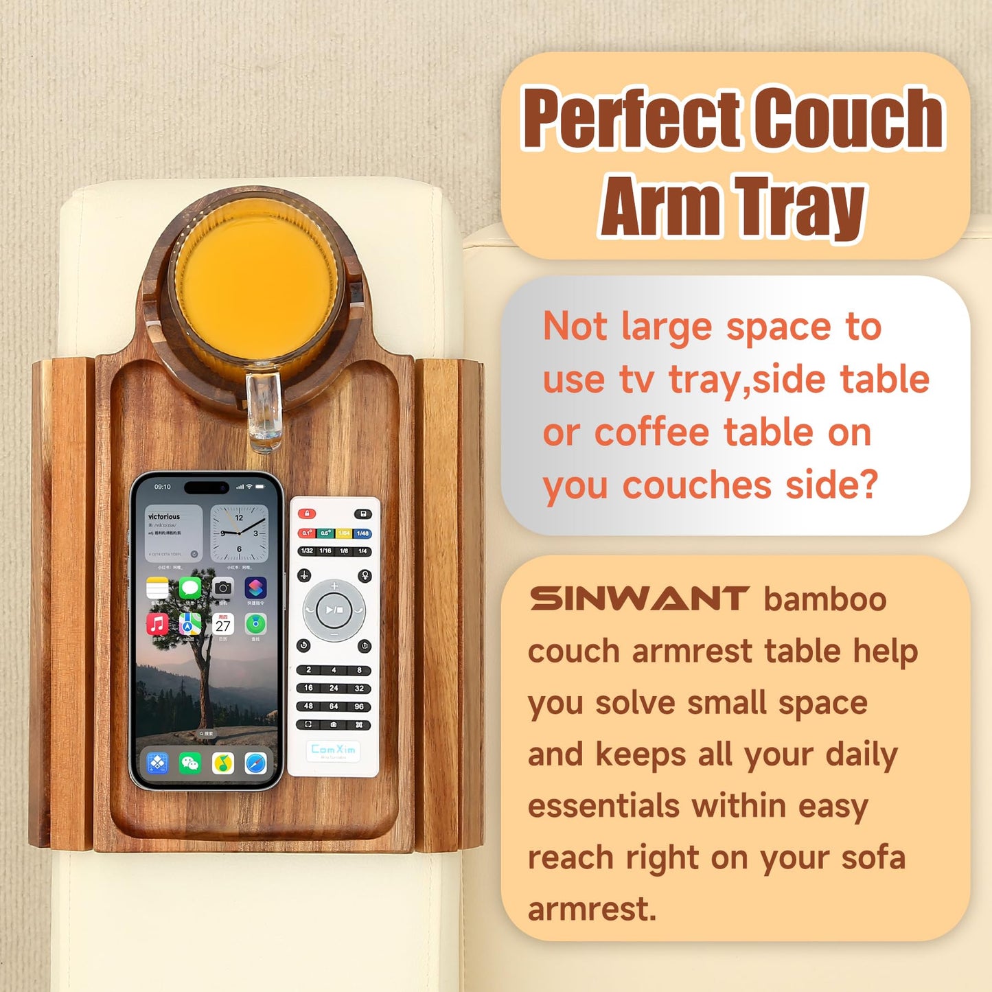 SINWANT Couch Cup Holder Tray,Acacia Wood Sofa Arm Clip on Tray Table with 360° Rotation Cup Holder,Foldable Anti-Slip Couch Armrest Table for Coffee Mug,Water Bottles,Snacks,Remote on Large Armrest