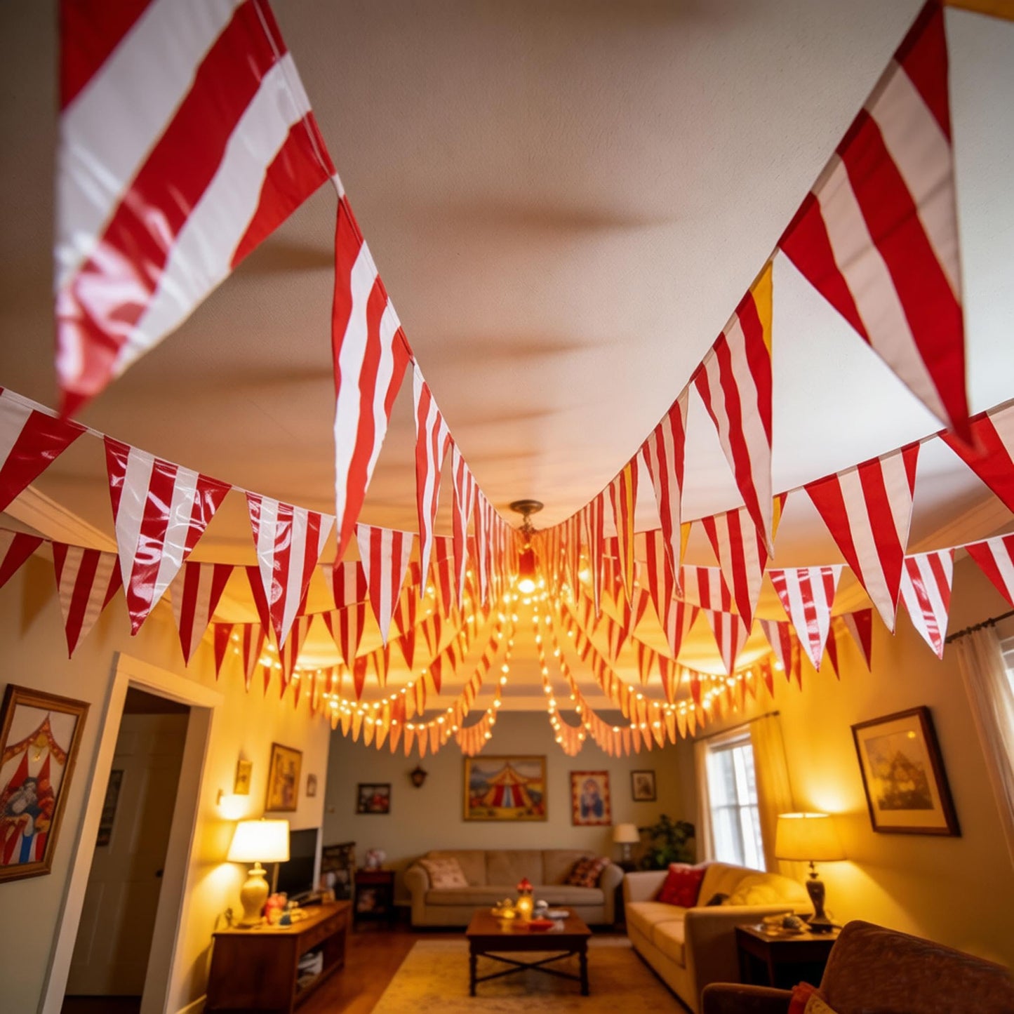 Red & White Striped Pennant Banners - 48pcs Reusable Polyester Cloth Flags,100FT Large Pennants for Carnival Circus, Birthday Parties, Tent Camping & Festive Event Decorations