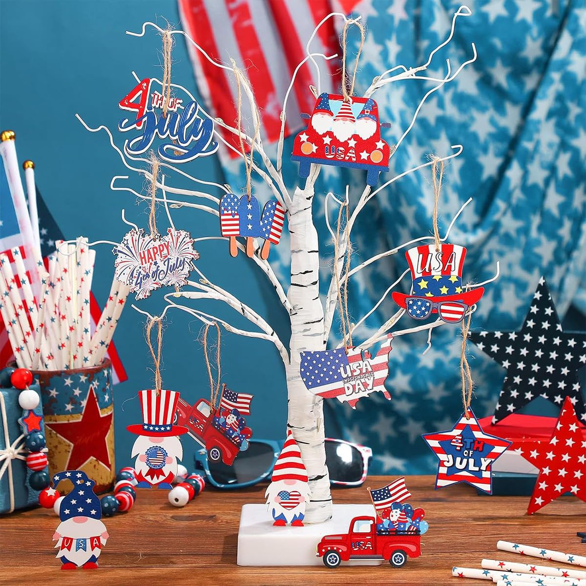 12pcs 4th of July Ornaments for Tree with Ropes Patriotic USA Flag Hanging Decorations Independence Day Wooden Hanging Decor Red White Blue Patriotic Christmas Tree for Summer Party Home Supplies