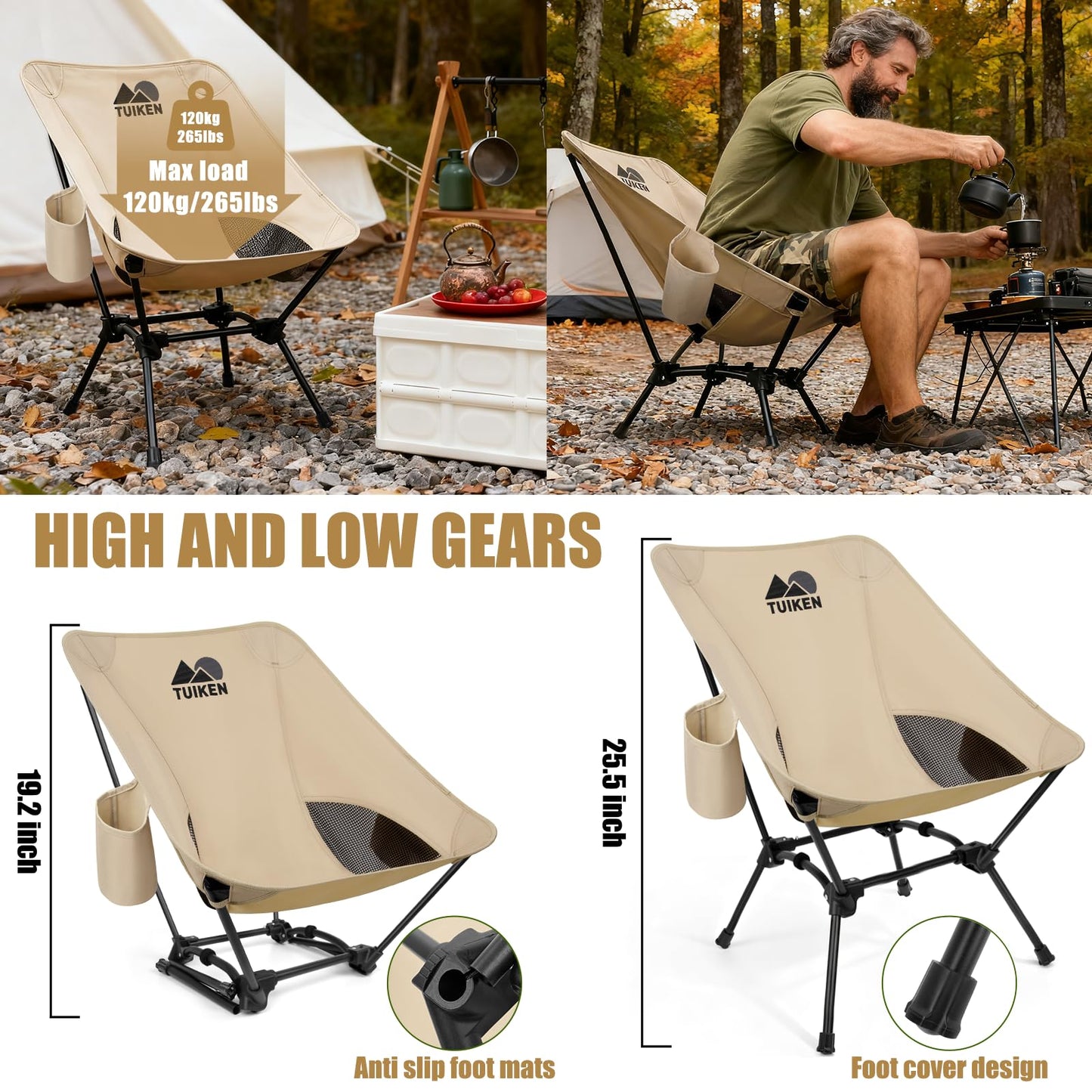 TUIKEN Ultralight Camping Chair Backpacking Chair, Portable Camp Chair with Cup Holder & Storage Bag, Lightweight Compact Folding Chair for Hiking, Travel, Picnic Mountaineering (Light Brown)