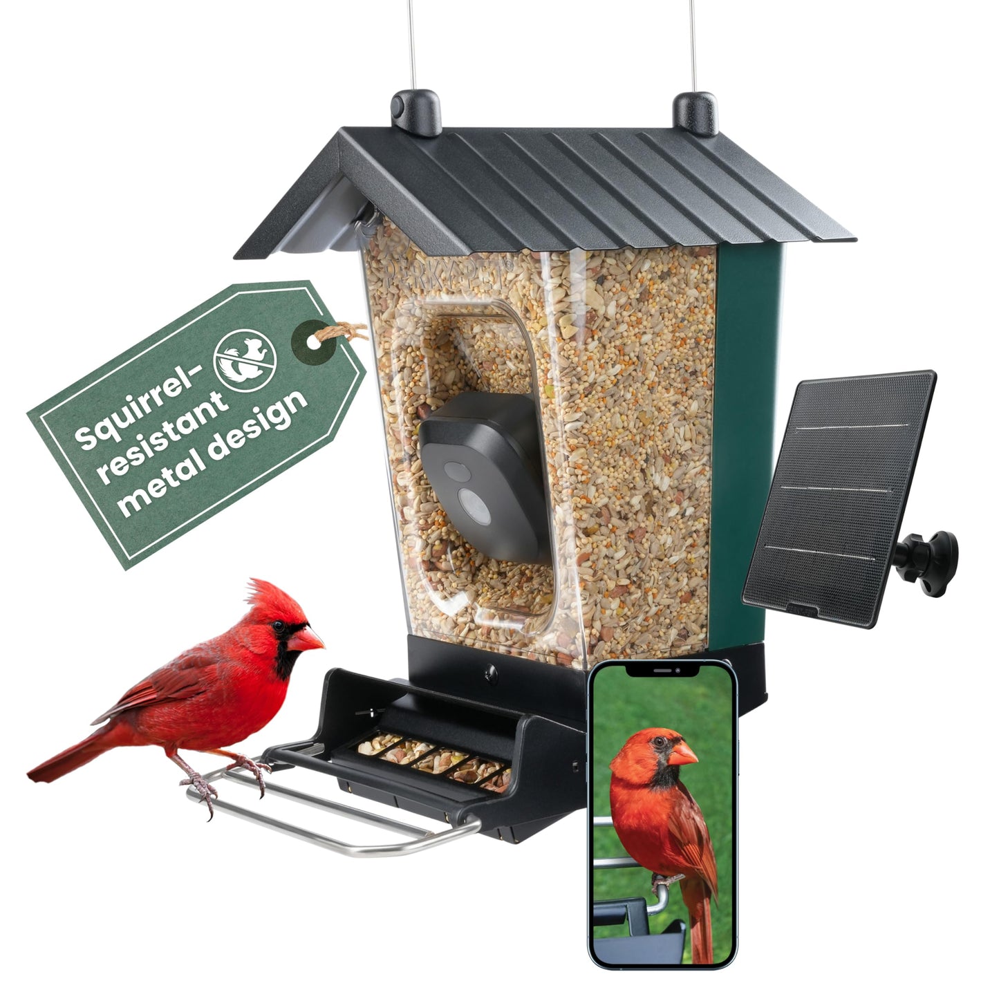 Perky-Pet Solar Powered Smart Bird Feeder with Camera - Squirrel-Resistant, 3.2L Capacity, Motion Activated 1080p HD WiFi Live Stream Camera, SPCAM, SPCAMSLR - Camera Feeder Gift Idea, Forest Green