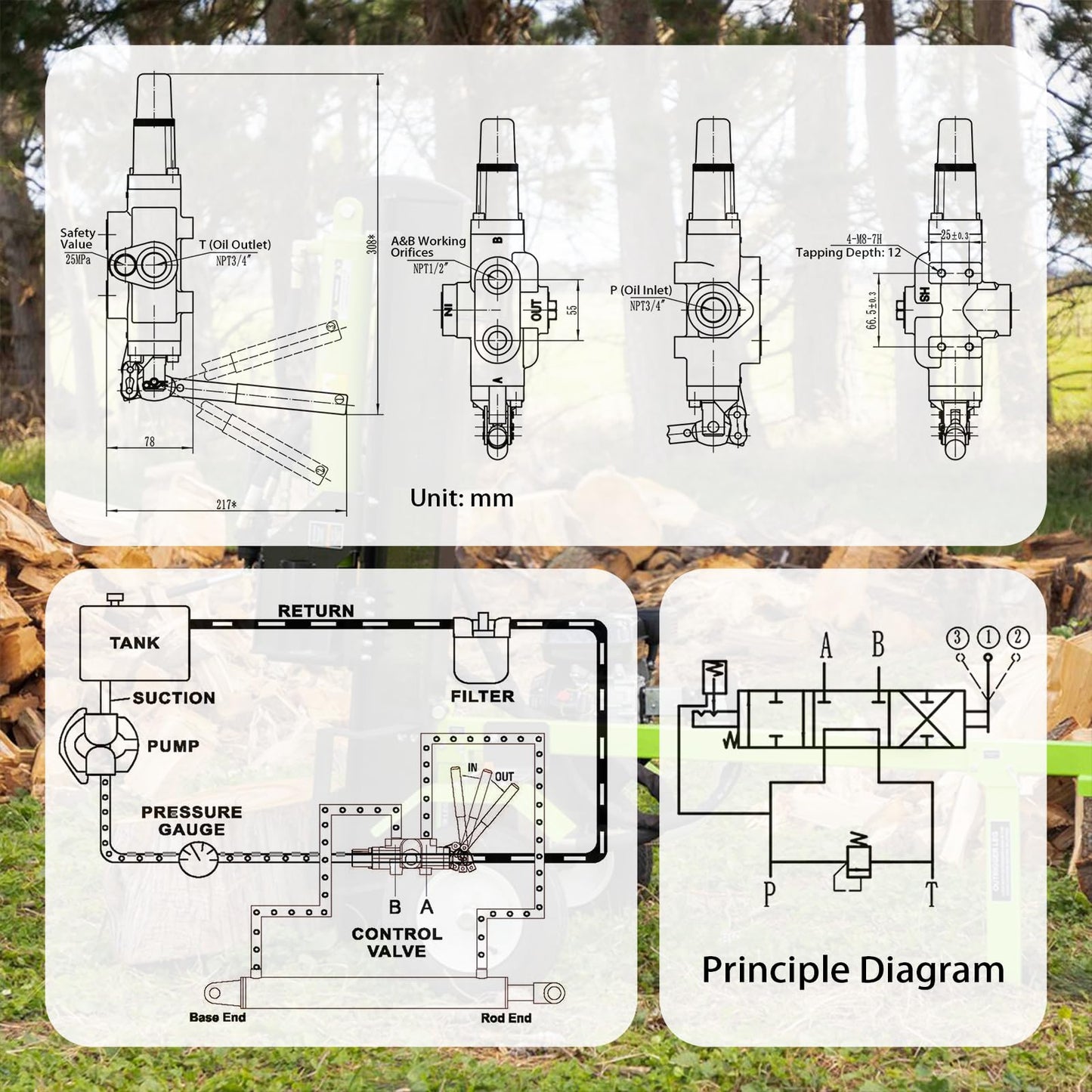 INPANOLS Hydraulic Log Splitter Valve, 1 Spool 25GPM 3626PSI Hydraulic Directional Control Valve, Hydraulic Loader Valve w/Joystick for Log Splitter, Small Tractors & Loaders
