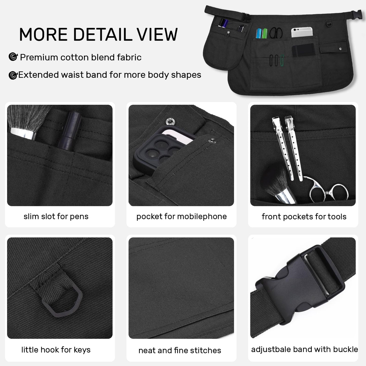 Molaxhome Waist Tool Apron with Multi-Pocket Gardening Apron with Adjustable Belt Server Hairdresser Aprons Black