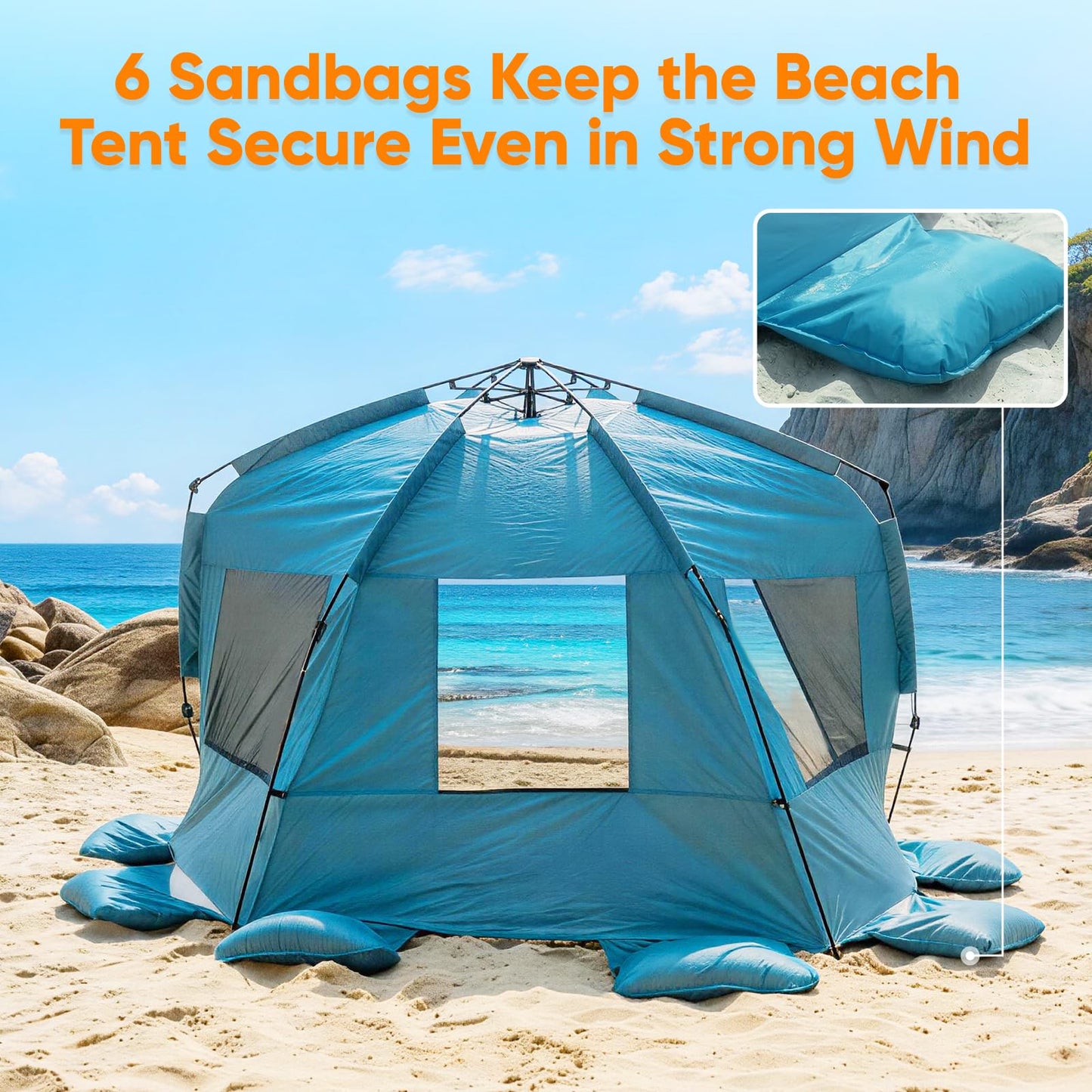 Golabs BT1 Pop up Beach Tent Sun Shelter for 3-Person, 1-Minute Setup by Pre-Attached Pole & UPF 50+, Beach Shade with Detachable Floor Mat, Mesh for Clear View & Airflow, only 7 lbs & Pocket and Hook