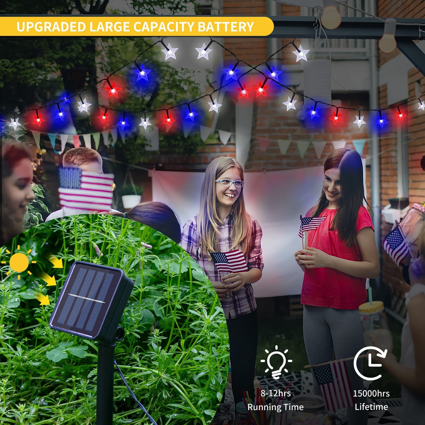 2 Pack Solar Powered Outdoor Patriotic Star String Lights, 100 LED 33 FT Each July 4th Decorative Lights, 8 Lighting Modes, Waterproof for Independence Day Party Patio Garden Decor, Red White & Blue