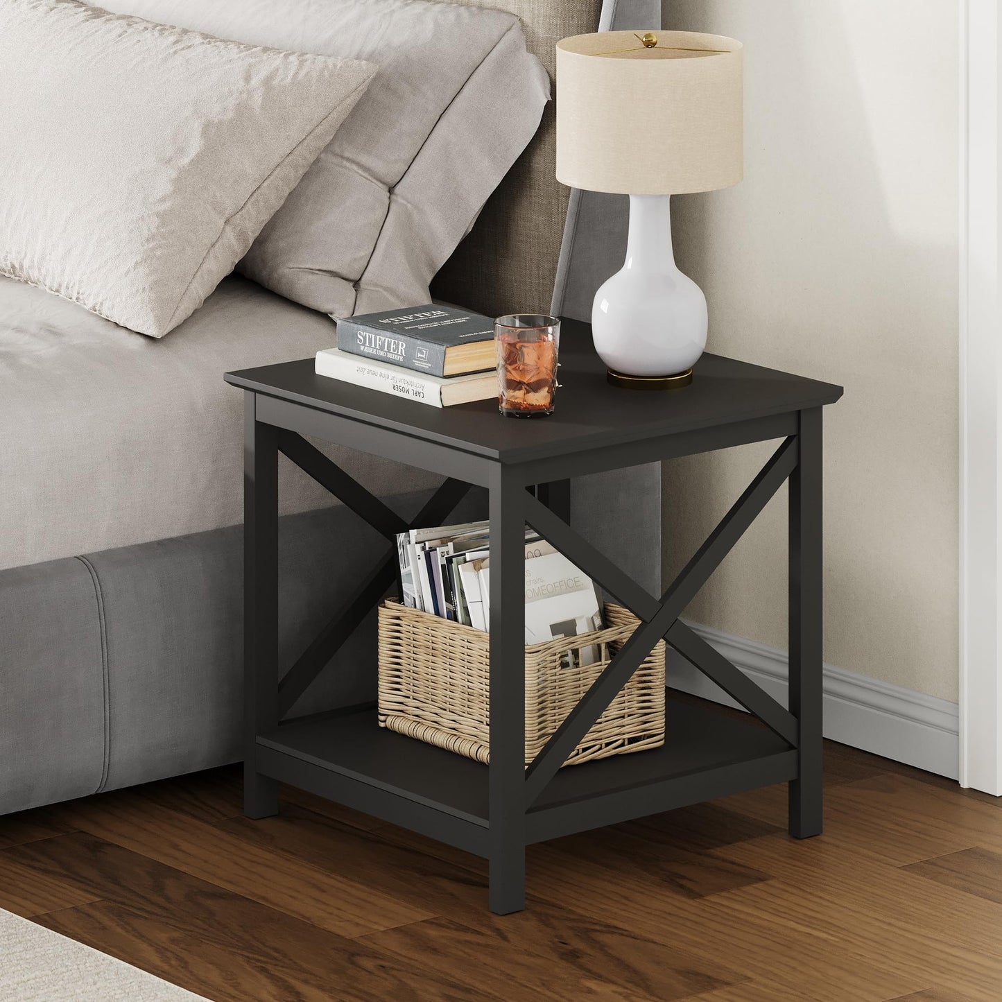 ChooChoo End Tables Set of 2, 24 Inch End Table with 2-Tier Storage Shelf, Side Table for Living Room, Wood Nightstand for Bedroom, Office, Painted Surface, Black