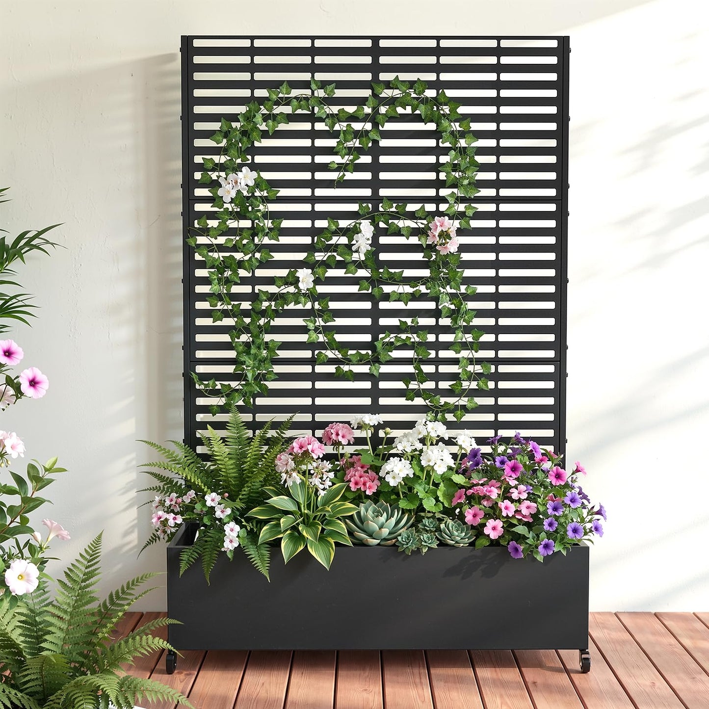 Metal Raised Garden Bed with Trellis and Wheels, 73" x 47" x 16" Planter Box with Trellis with Drainage Holes, Privacy Planters for Patio with Privacy Screen for Climbing Plants Flower Vegetables