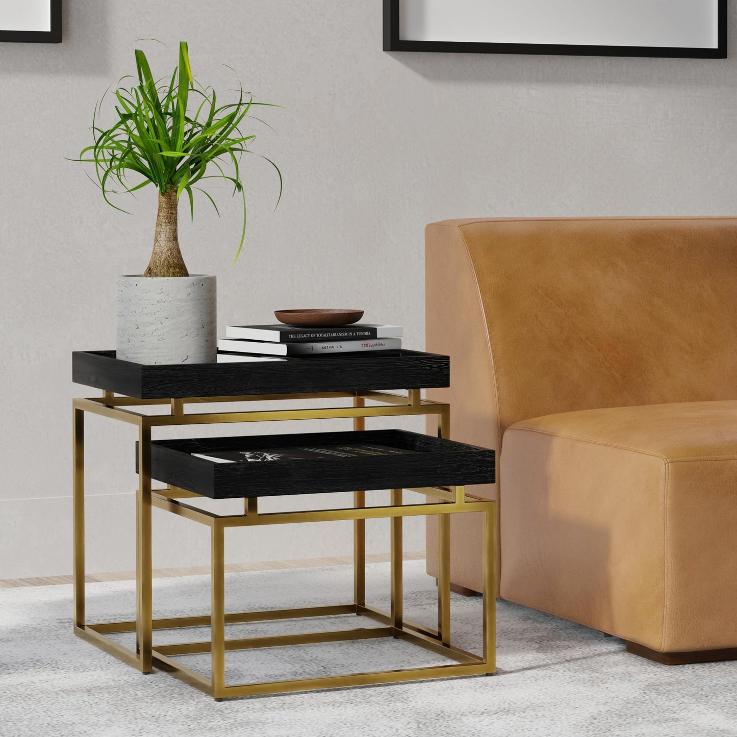 SIMPLIHOME Macy SOLID MANGO WOOD and Metal 20 inch Wide Rectangle Contemporary 2 Pc Nesting Table in Black, Gold, Fully Assembled for the Living Room and Bedroom
