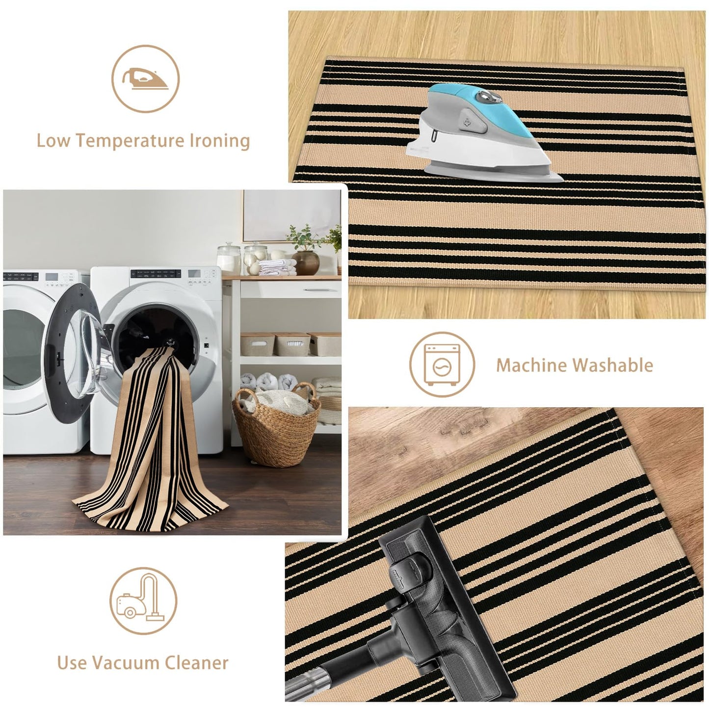 Sungea Black and Khaki Striped Rugs 3x5, Outdoor Cotton Hand Woven Front Door Mat,Washable Reversible Layered Door Mats, Foldable Front Porch Rug for Entryway/Home Entrance/Farmhouse